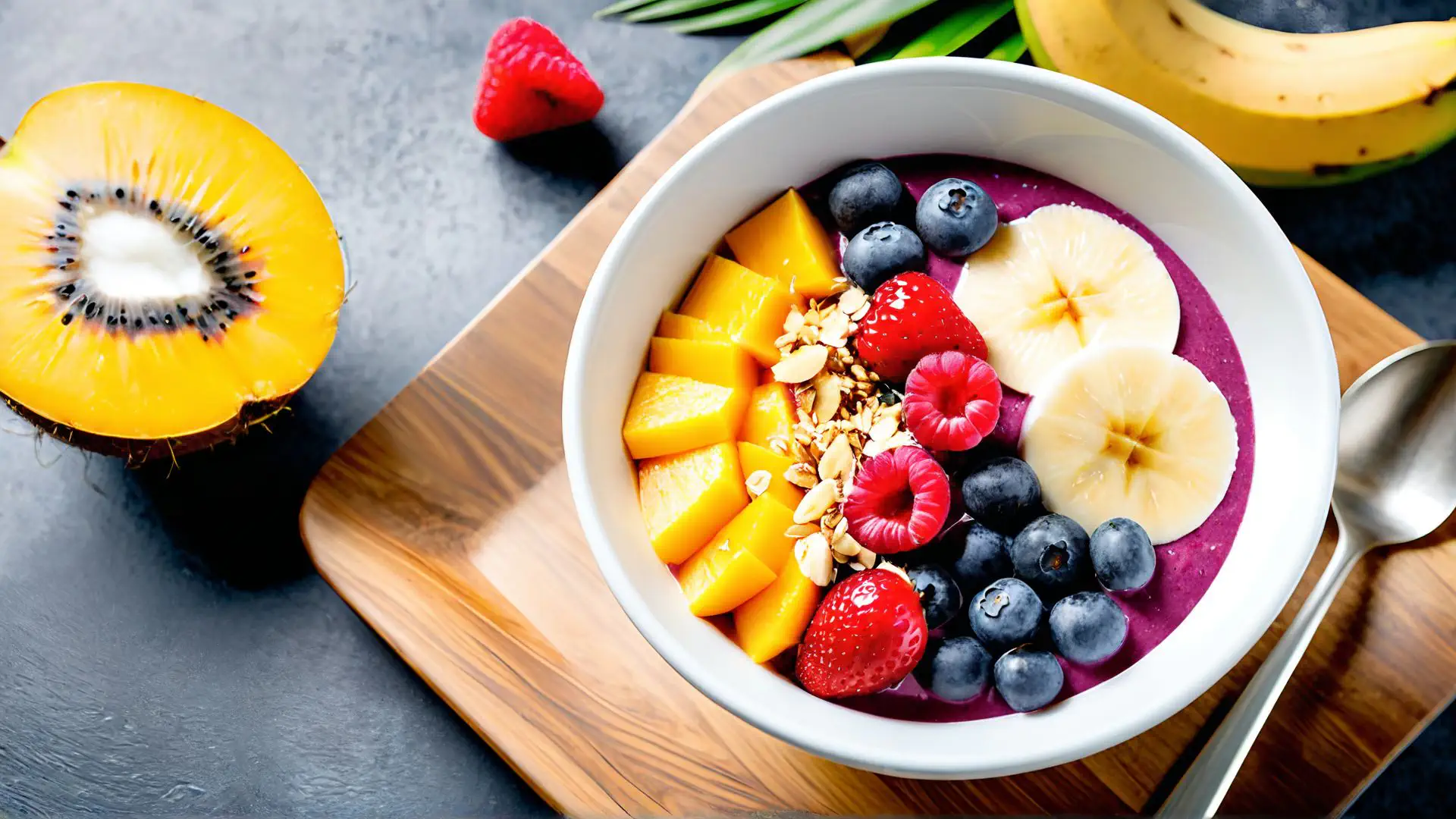 Kleurrijke açaí bowl met vers fruit en granola voor gezond ontbijt
