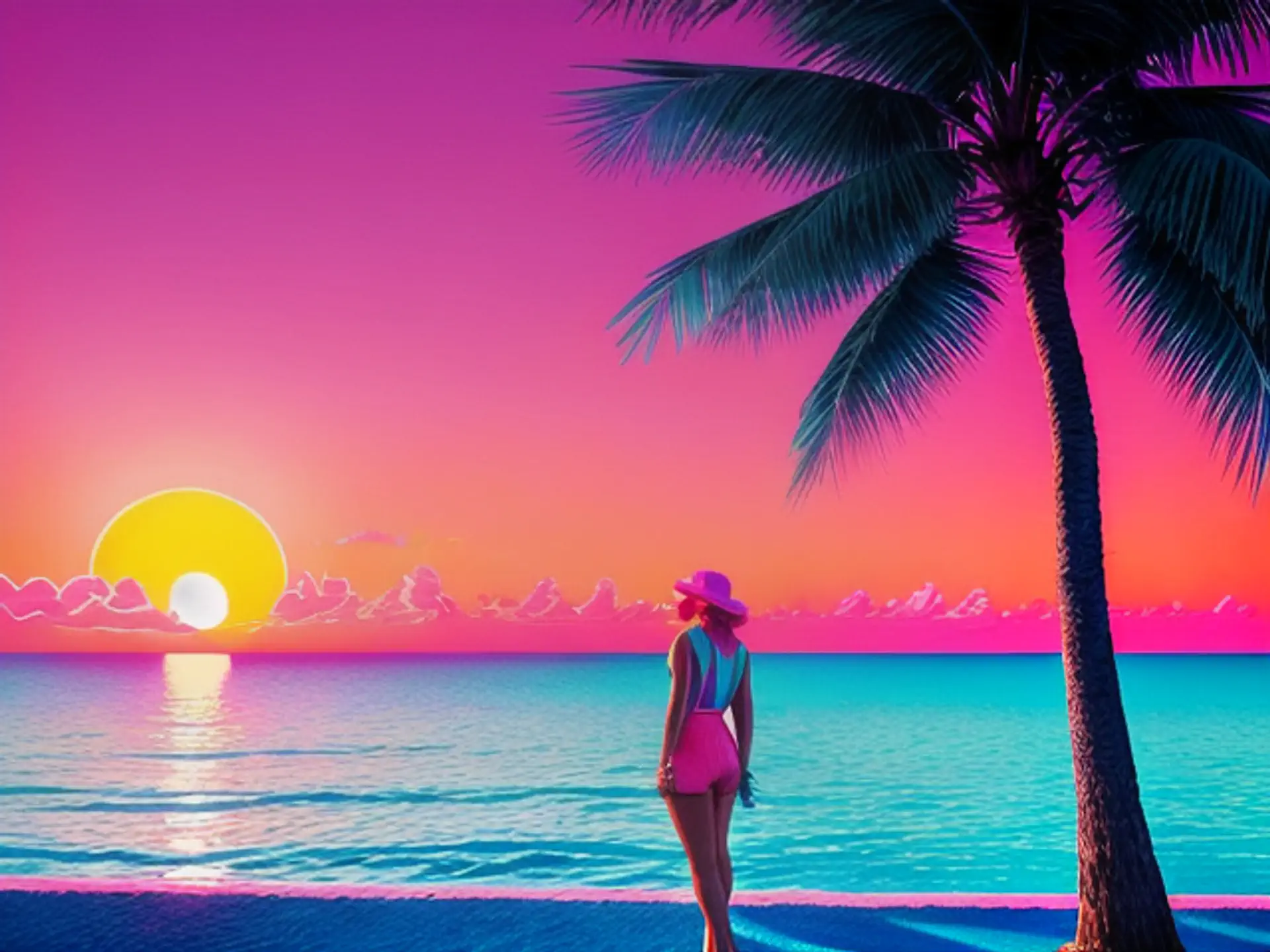Tropische zonsondergang met palmboom in neon retro kleuren aan strand