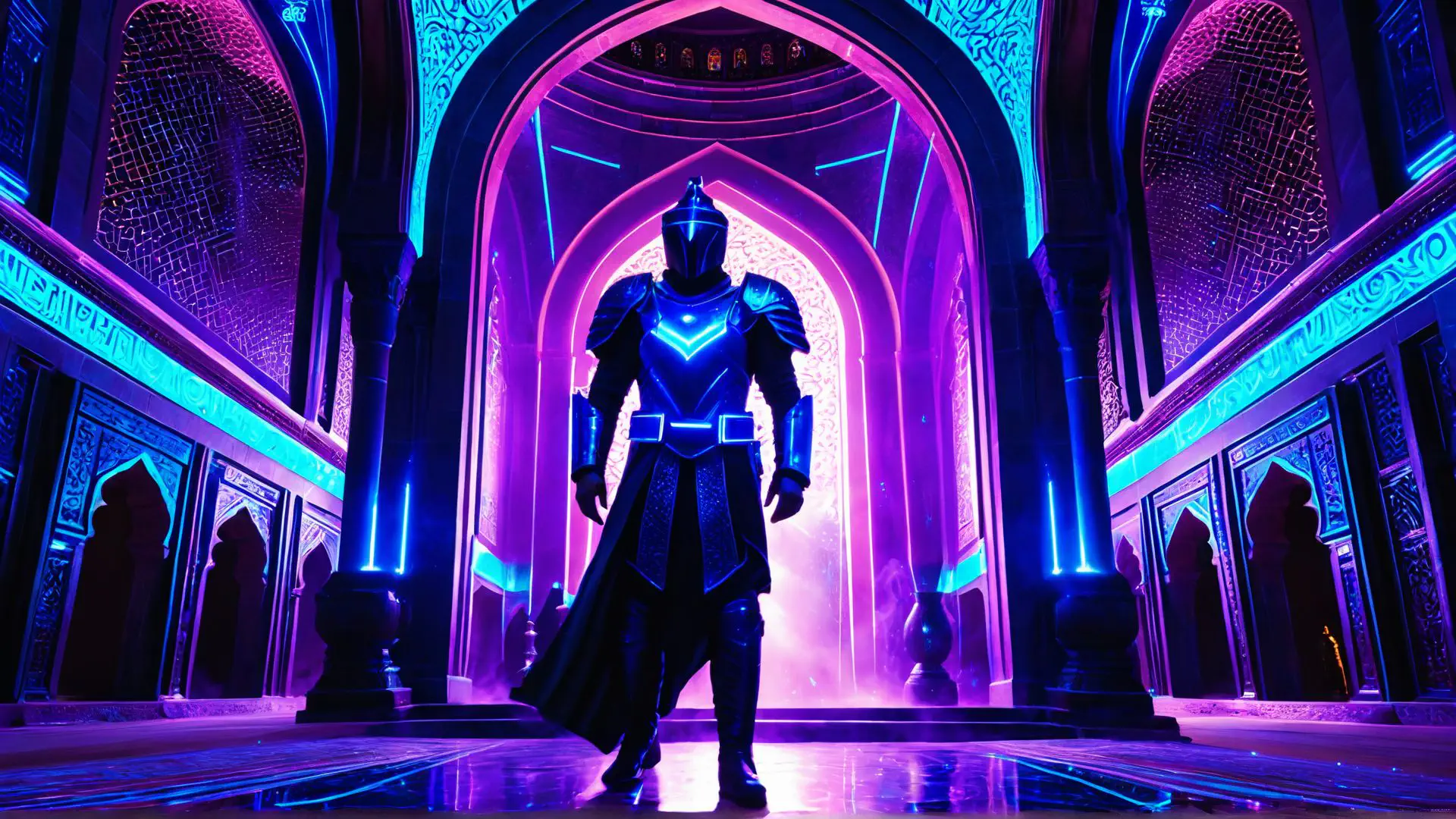 Futuristische ridder in neon verlichte gotische arcade