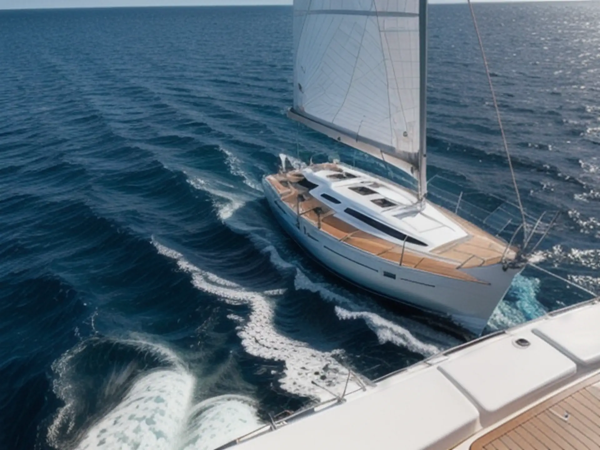 Luxe zeiljacht op volle zee met teakhouten dek en witte zeilen