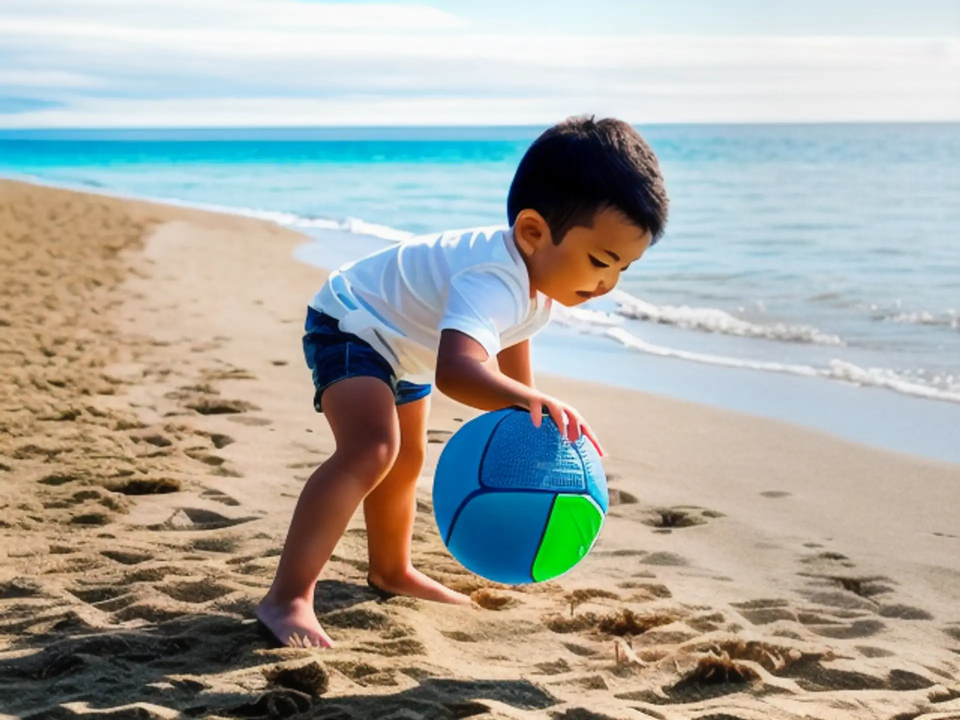 Kind speelt met kleurrijke strandbal op zonnig tropisch strand