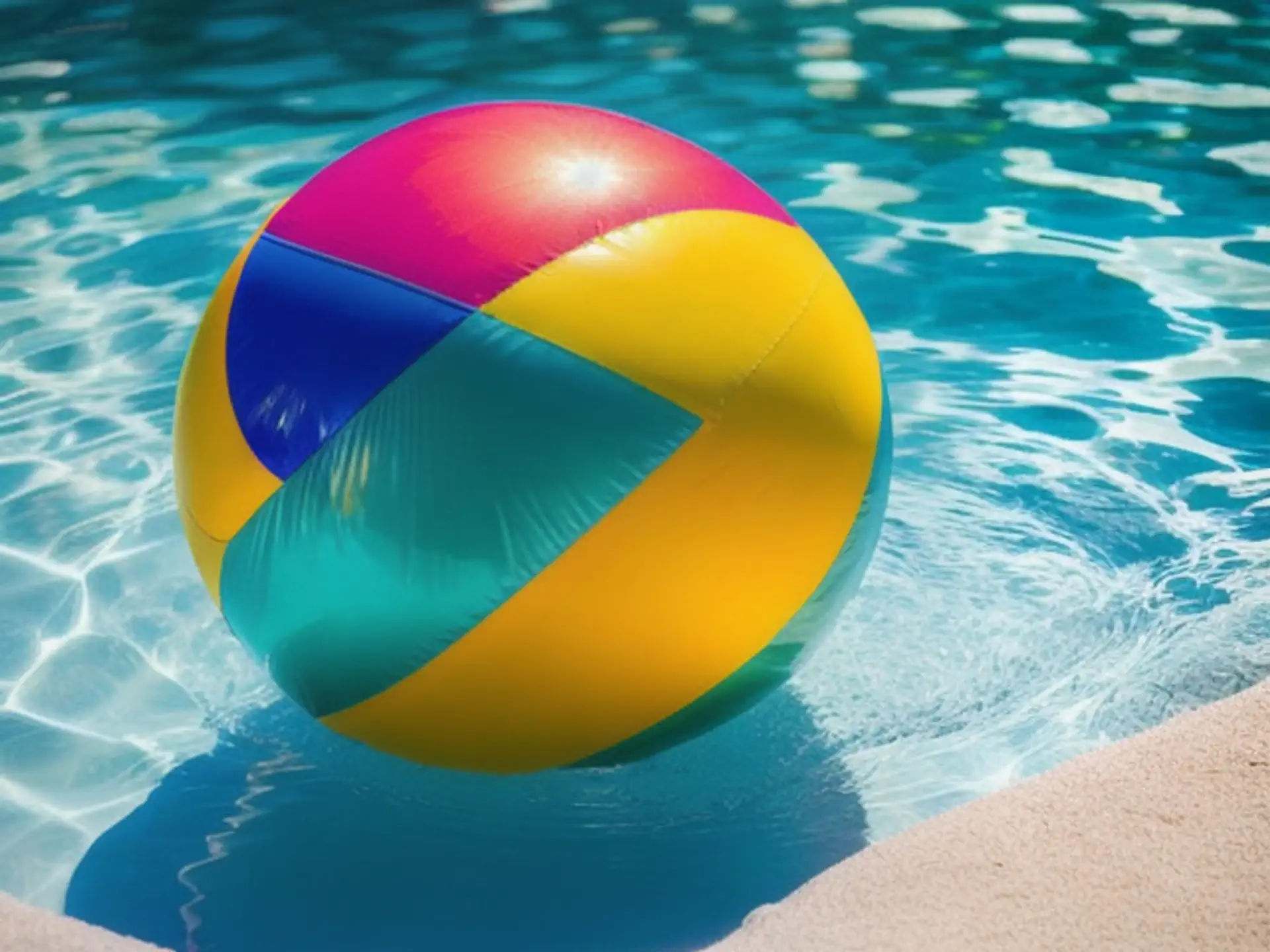 Kleurrijke strandbal drijvend in helder zwembadwater op zomerse dag