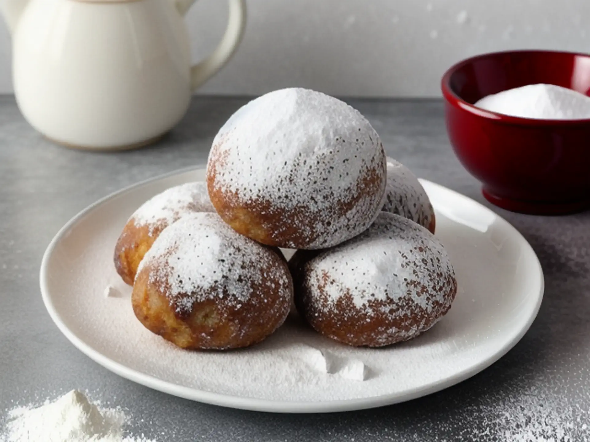 Versgebakken Berliner bollen met poedersuiker op wit servies