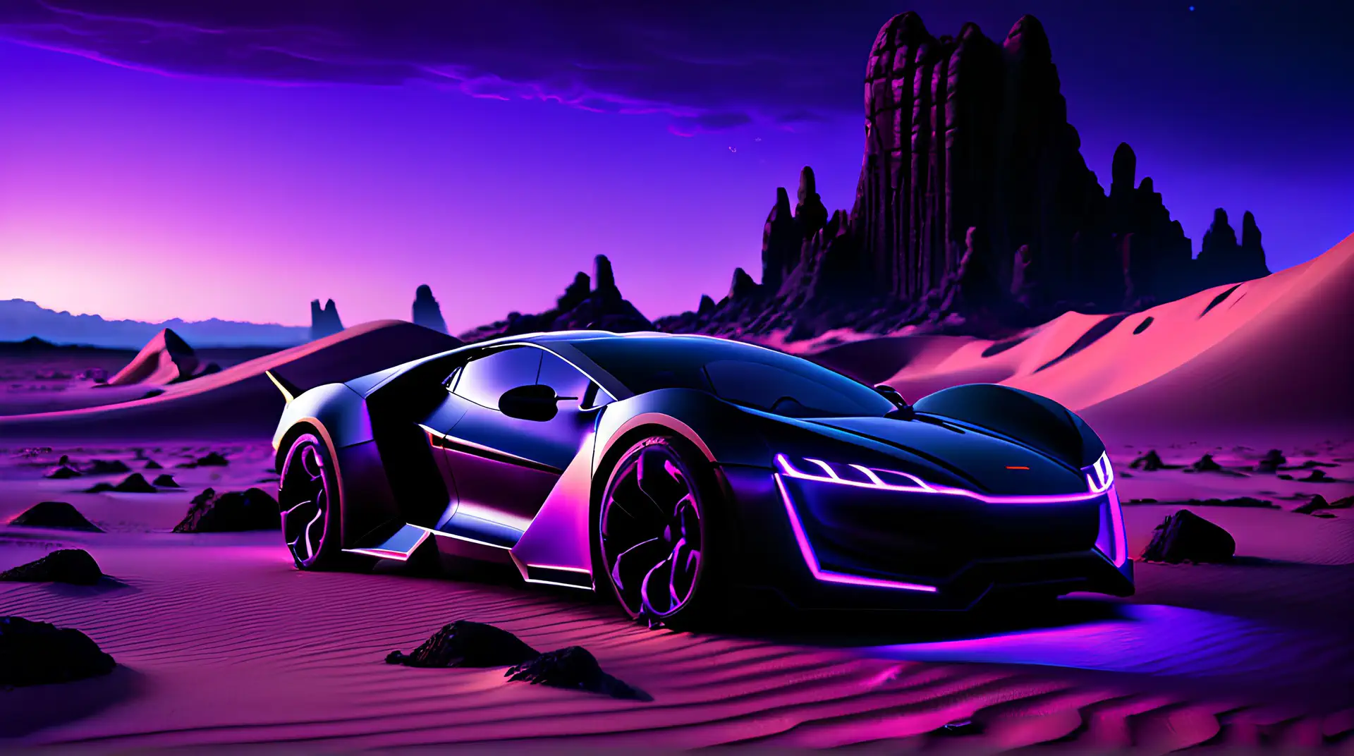 Futuristische Sportwagen in Paarse Alien Landschap 4K Wallpaper