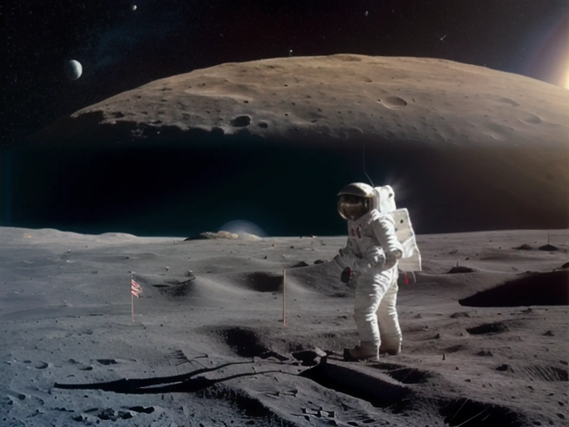 Astronaut verkent maanoppervlak met Amerikaanse vlag