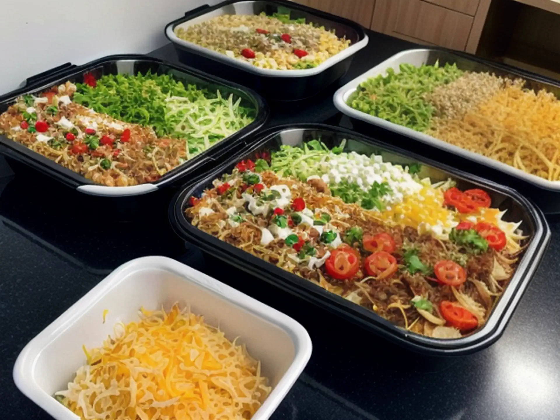 Mexicaanse catering schotels met kleurrijke taco toppings
