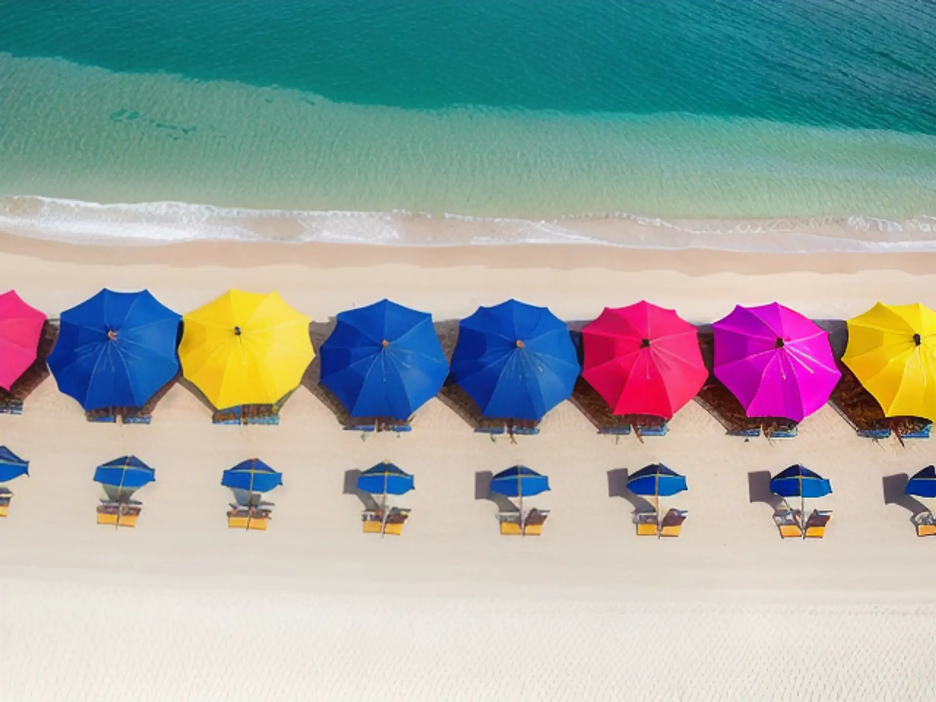 Kleurrijke strandparasols aan turquoise zee vanuit vogelperspectief
