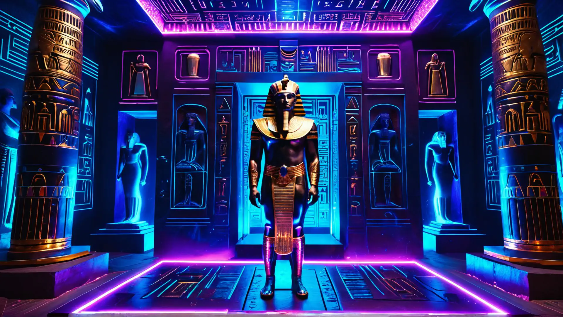 Futuristische Egyptische tempel met neon verlichting en gouden farao