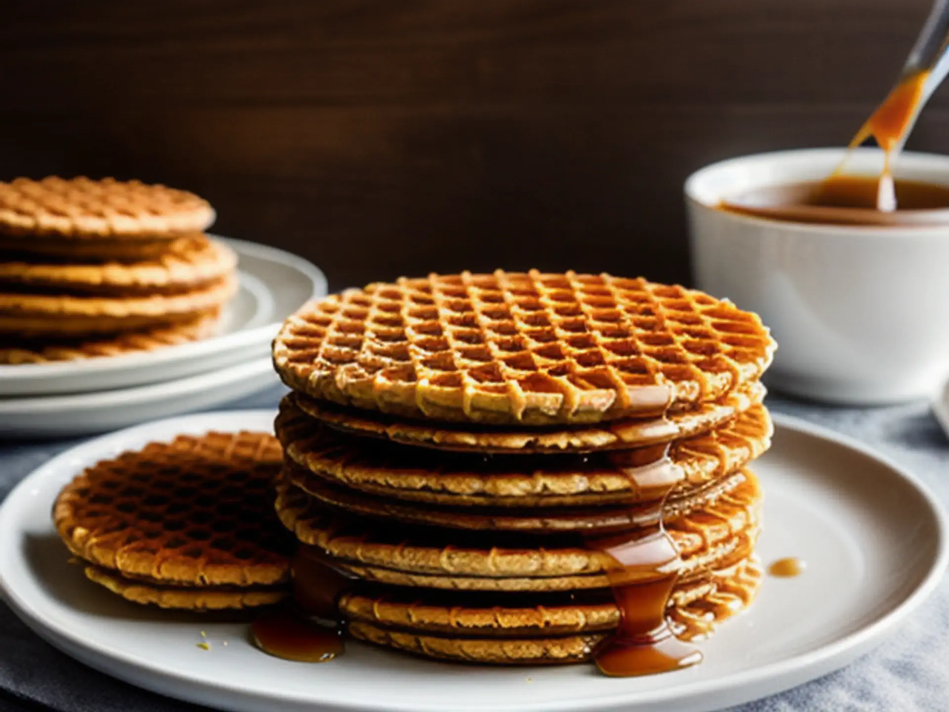 Gestapelde stroopwafels met verse karamel op wit bord - Nederlandse