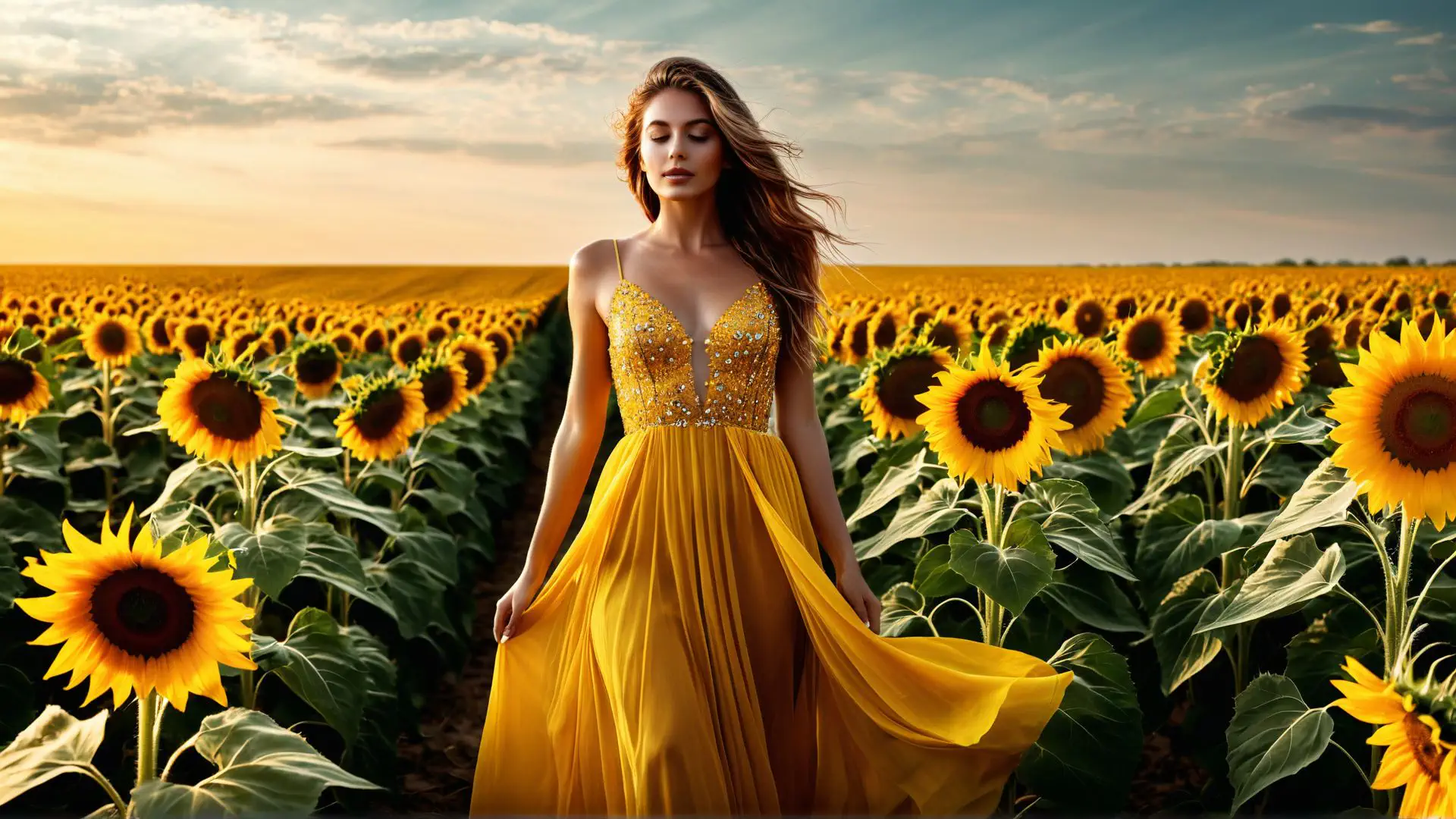 Elegante gele galajurk tussen zonnebloemen tijdens gouden