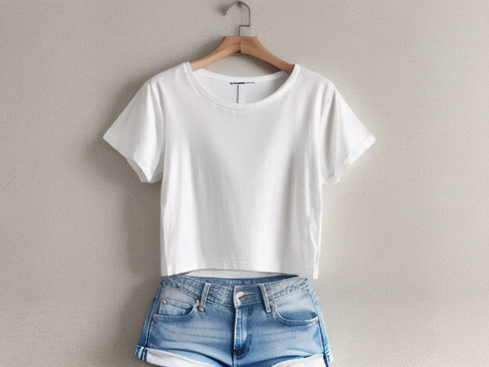 Casual zomeroutfit met wit crop shirt en lichtblauwe denim shorts