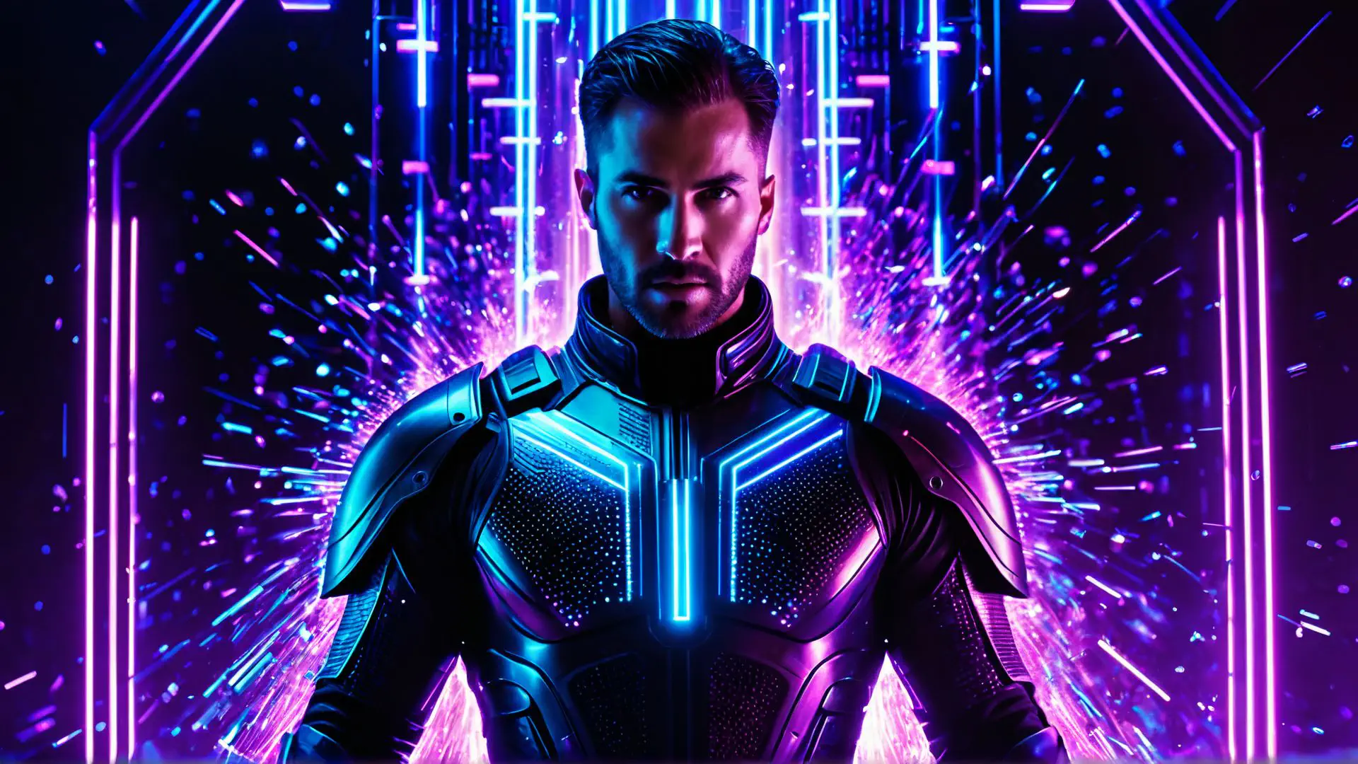 Futuristische neon superheld in cyberpunk stijl met blauw-paarse