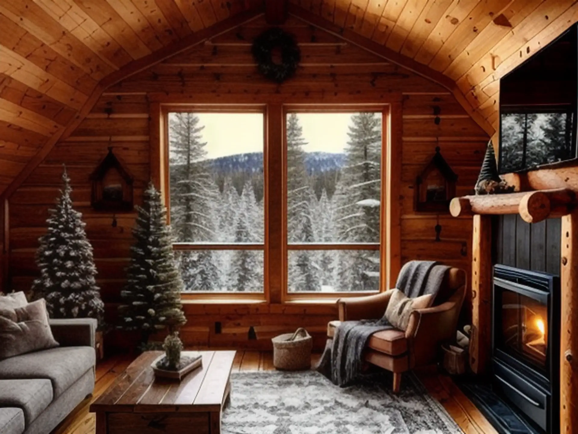 Gezellige berghut interieur met winterse bergzichten en open haard