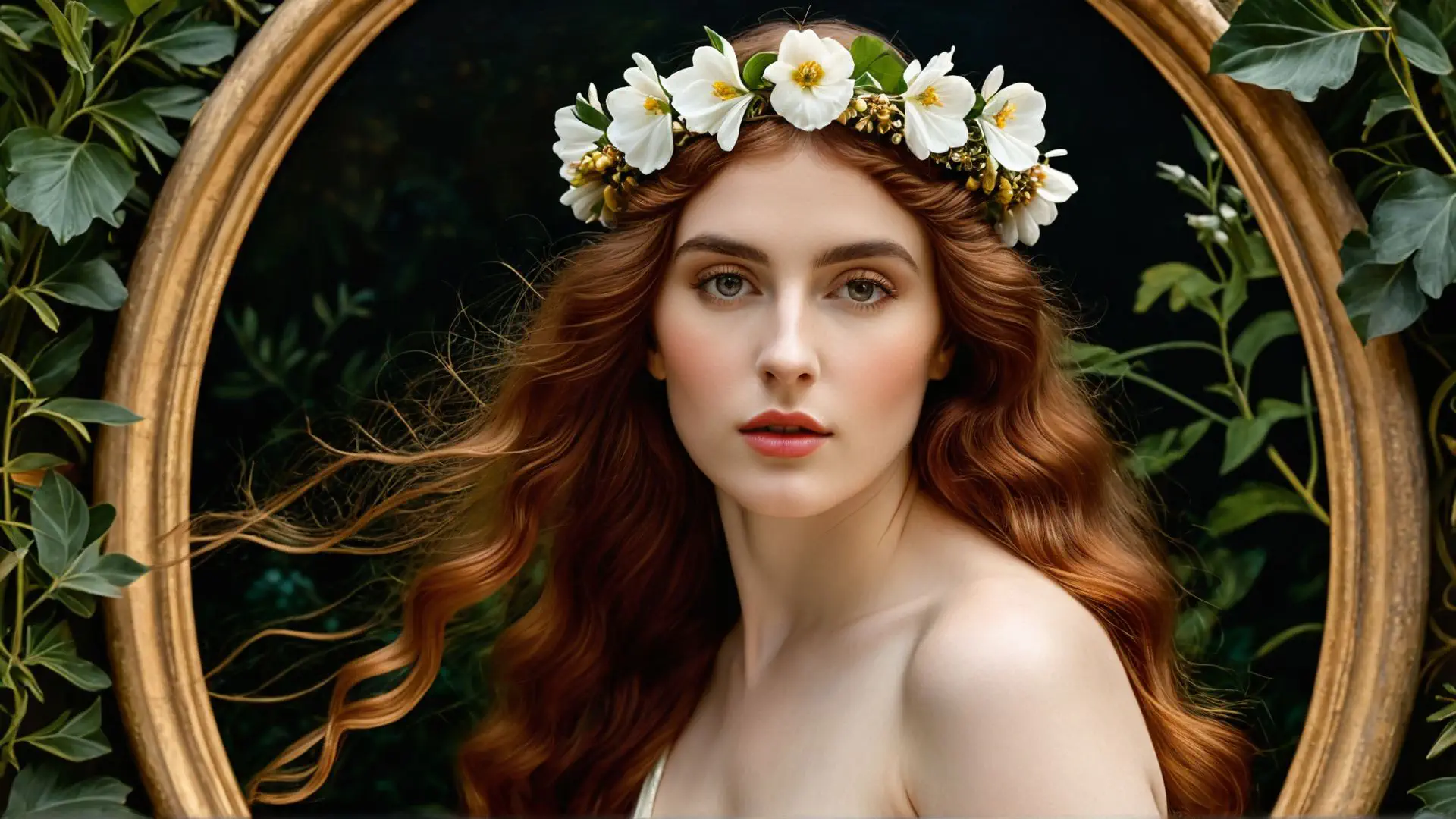 Romantische portretfoto met witte bloemenkrans en gouden lijst
