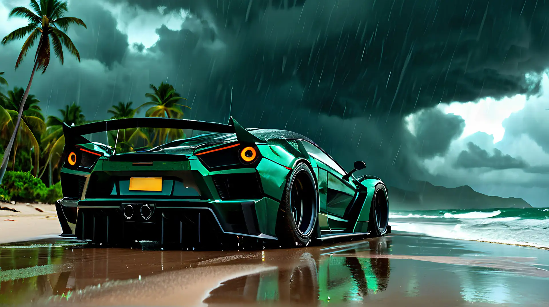 Turquoise Supercar met Oranje Achterlichten in Tropische Regenstorm