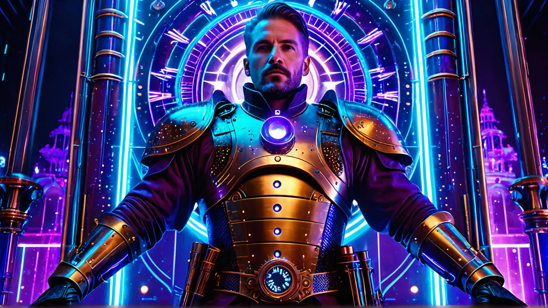 Futuristisch cyberpunk krijger in neon verlicht sci-fi landschap