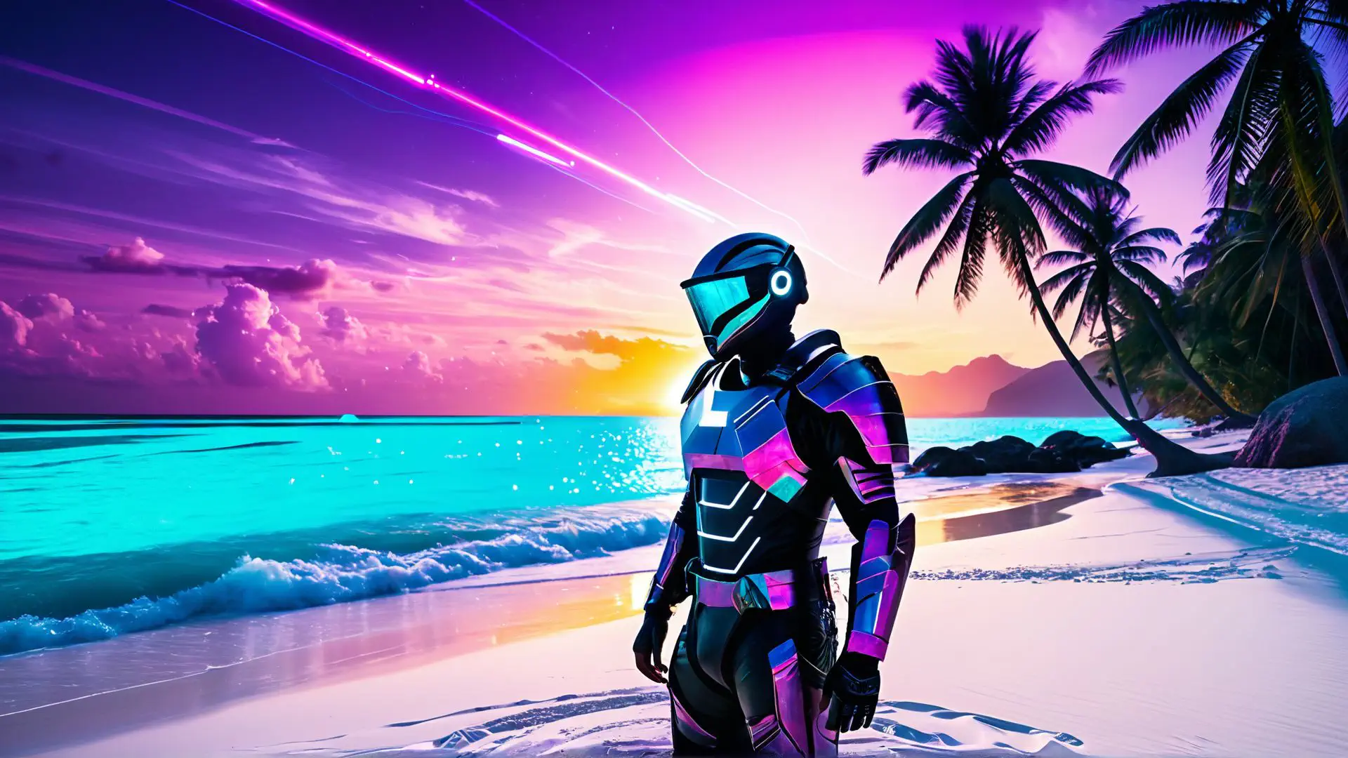 Futuristisch robotharnas op tropisch strand