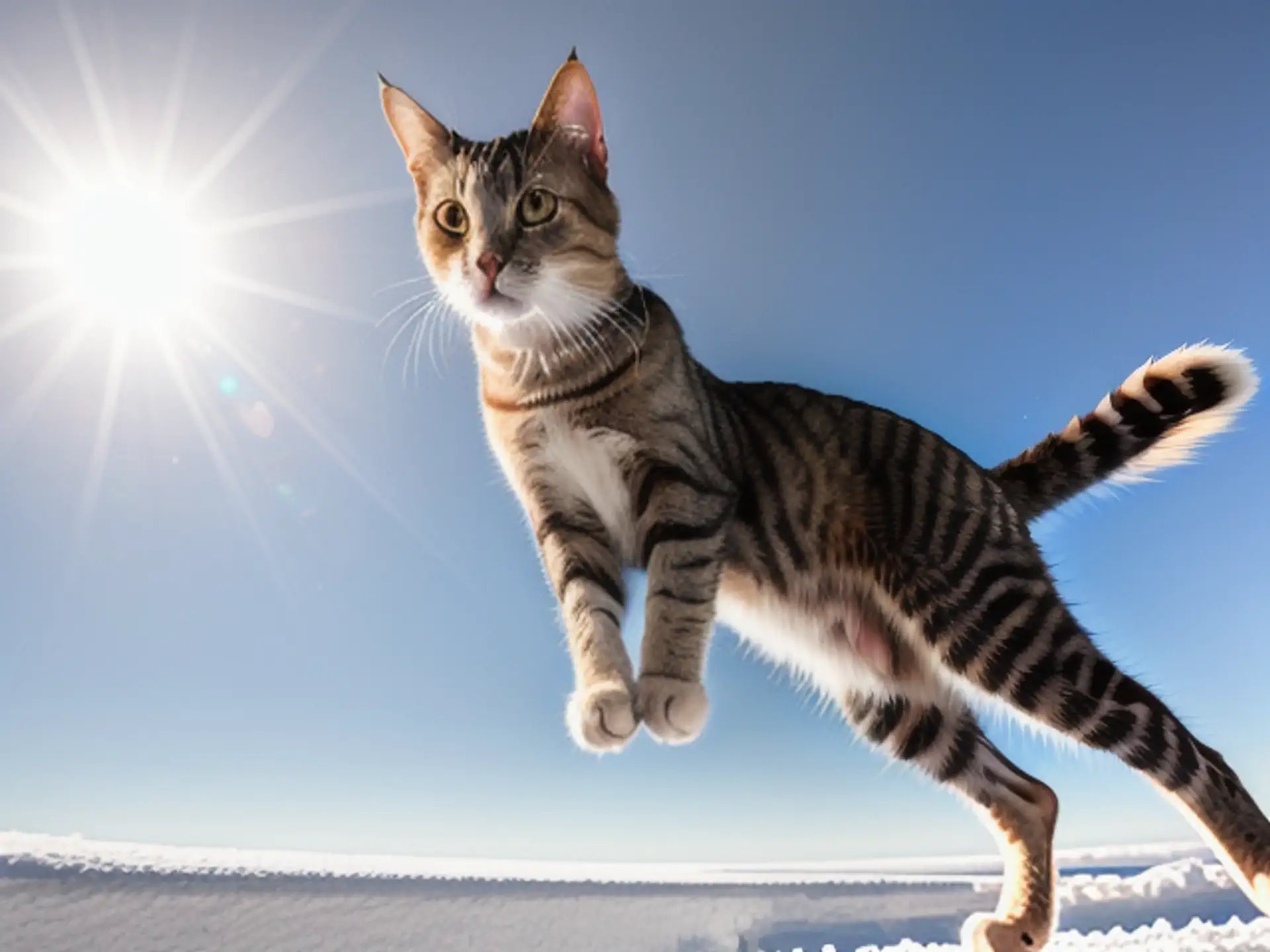 Springende kat in winterlandschap met stralende zon op blauwe hemel
