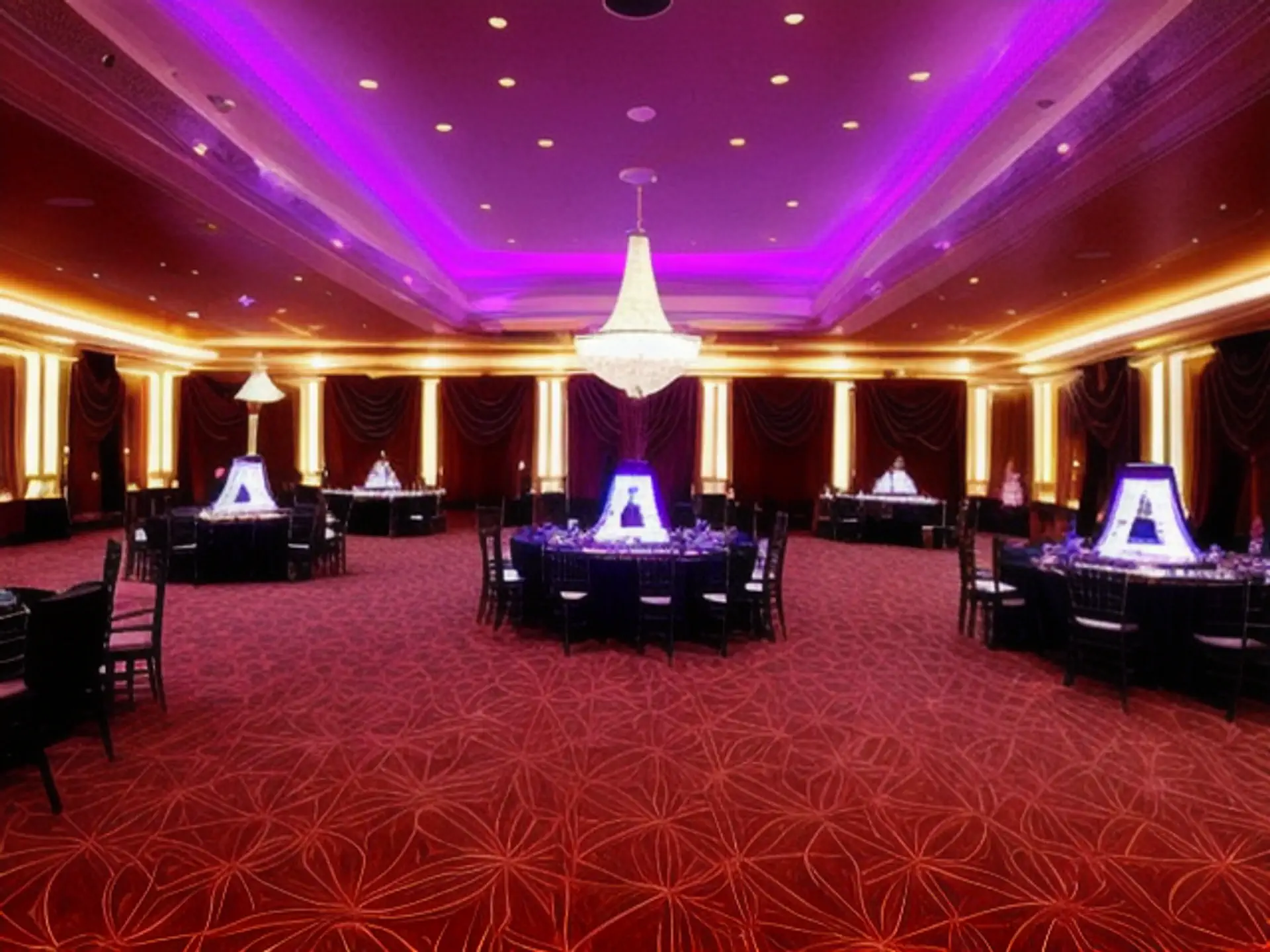 Luxe feestzaal met paarse LED verlichting en kristallen kroonluchters