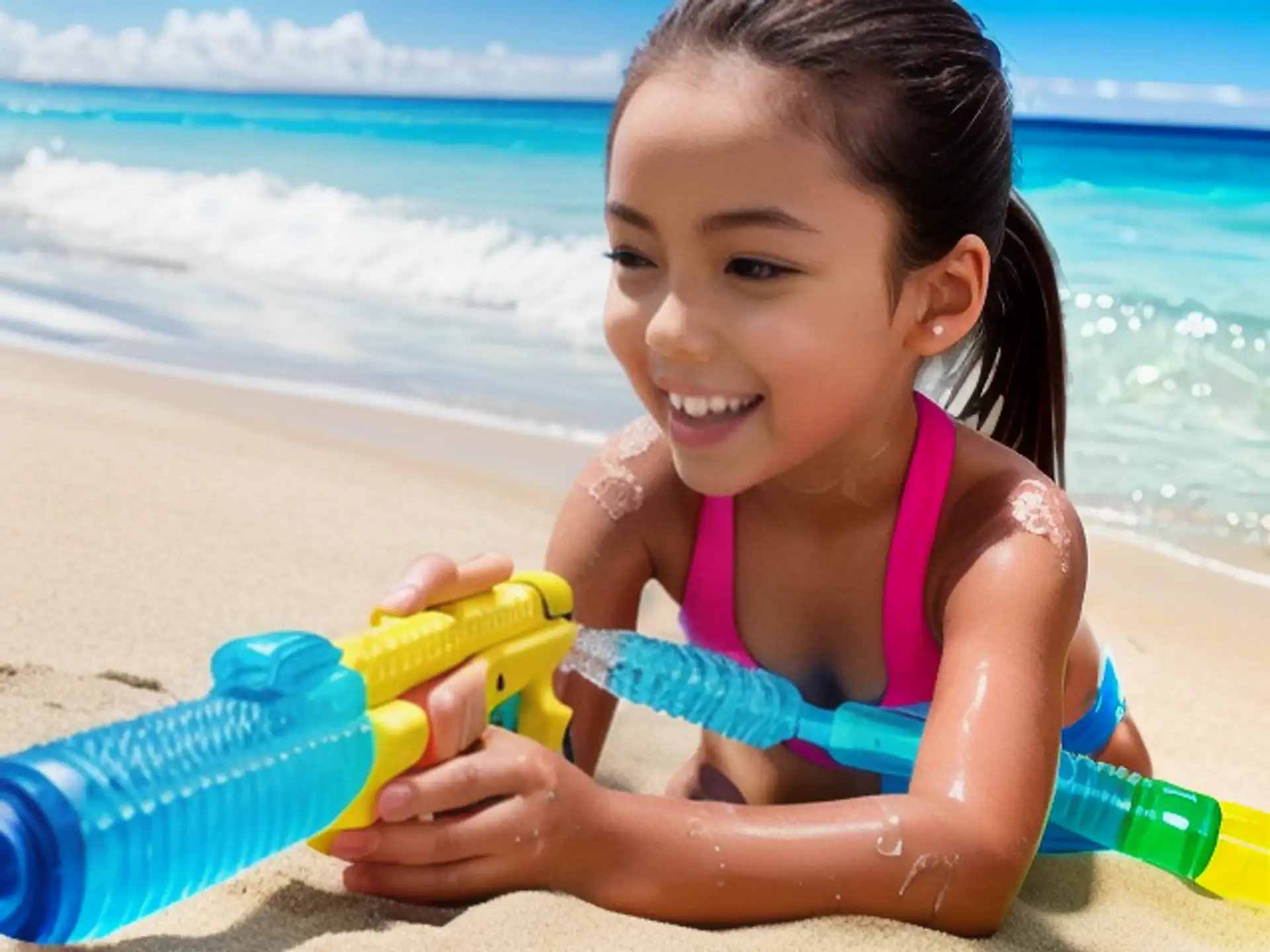 Zomerpret op tropisch strand met kleurrijk waterpistool spel