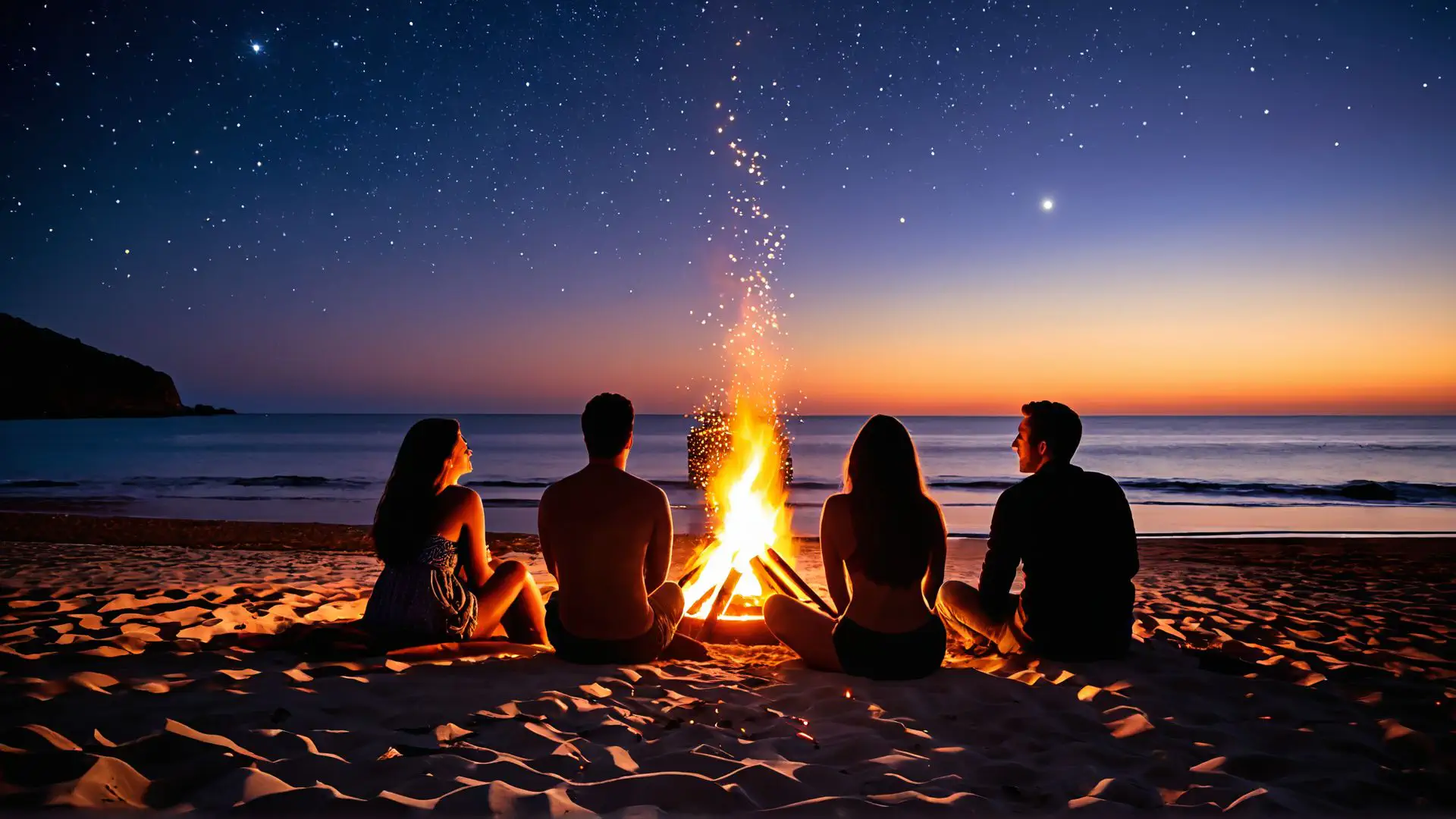 Magische zomeravond met kampvuur aan zee onder sterrenhemel