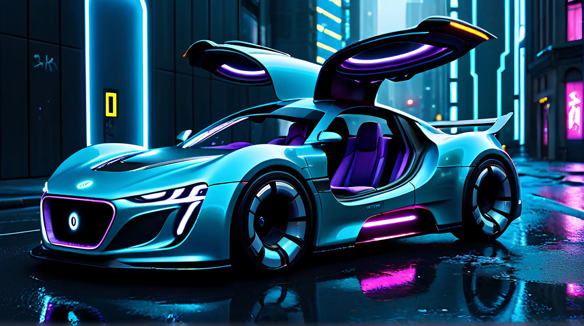 Futuristische Concept Car 4K Wallpaper met Neon Reflecties
