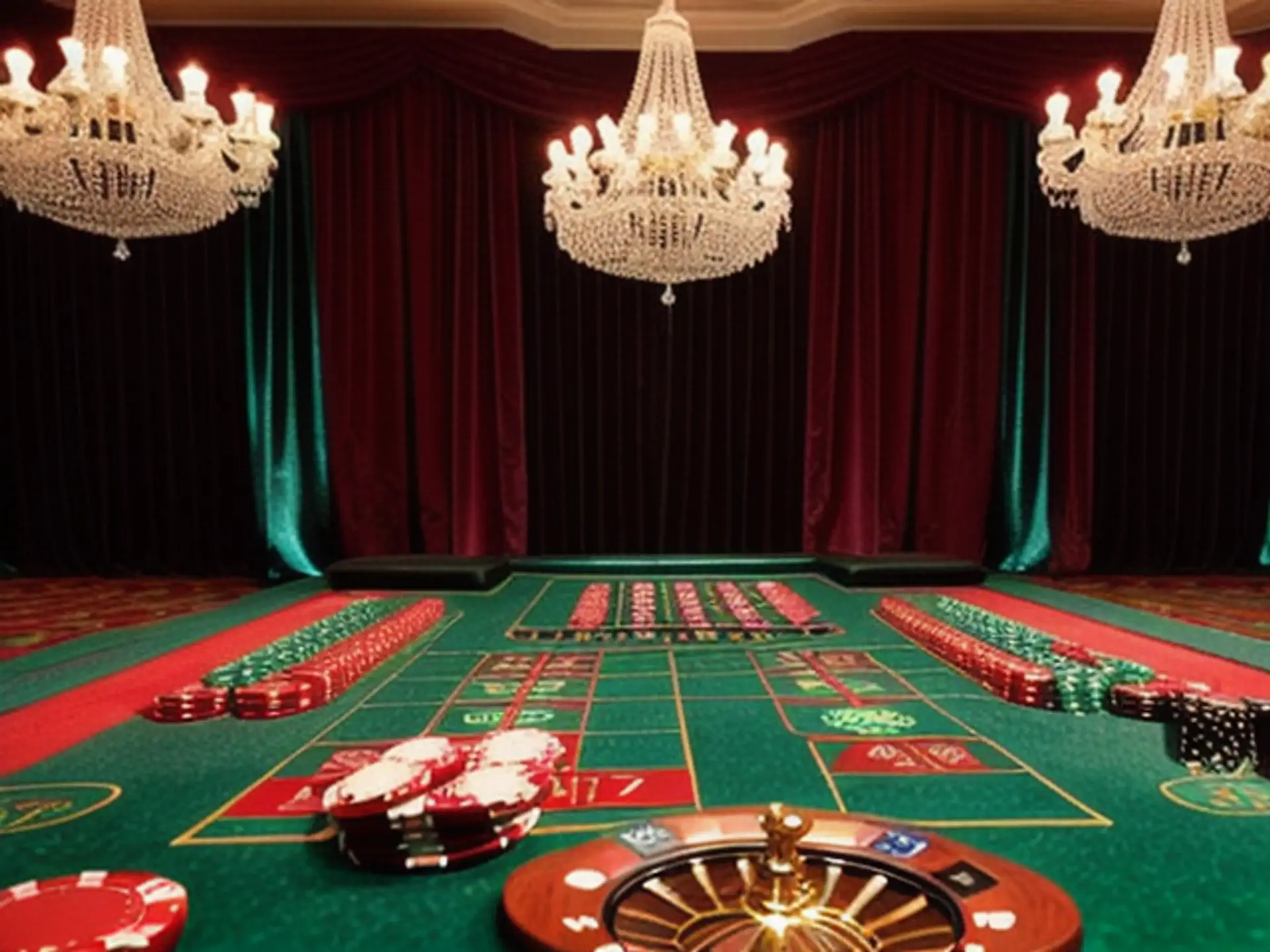 Luxe casino roulette tafel met kristallen kroonluchters en fluwelen