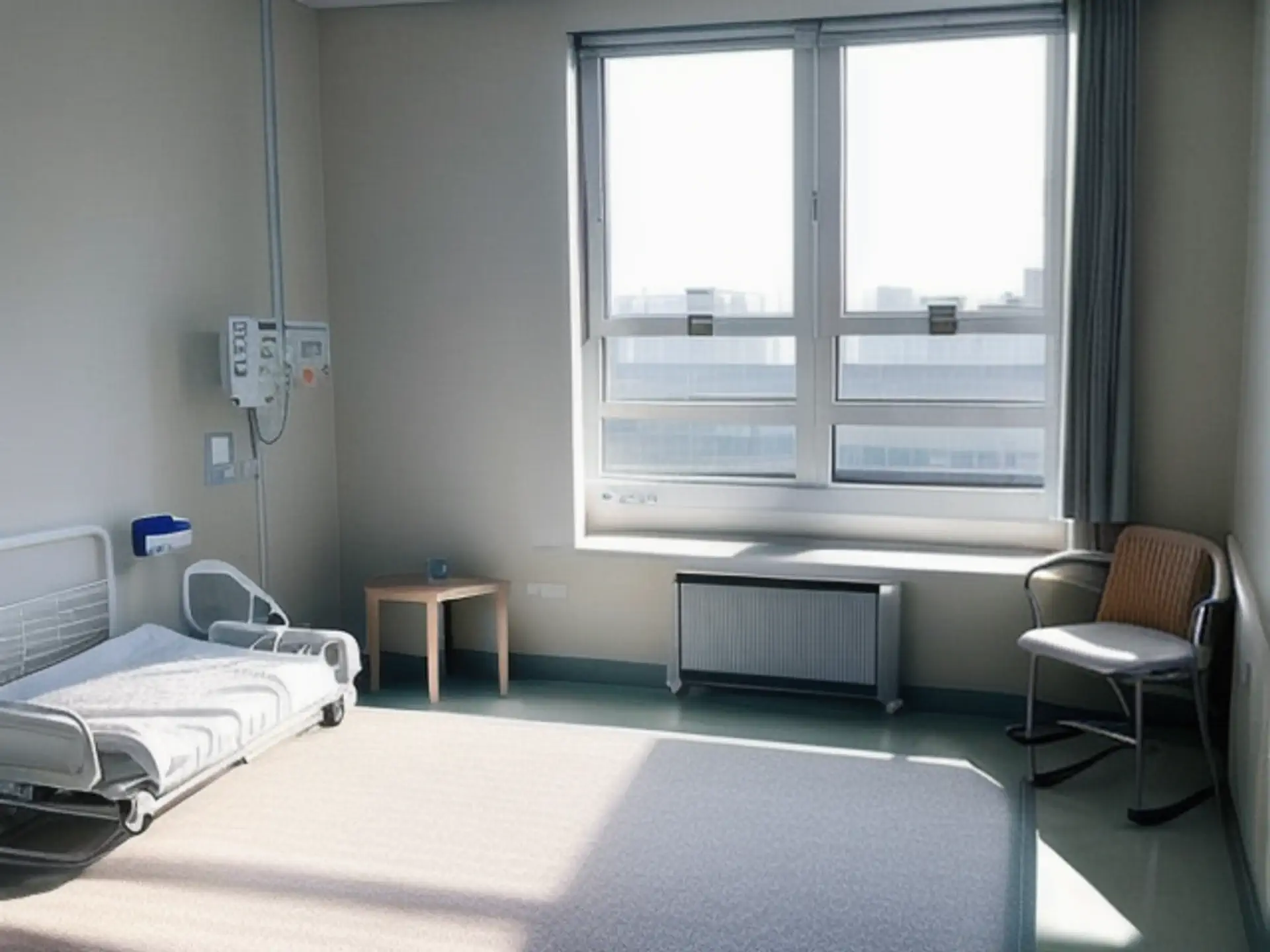 Lichte ziekenhuiskamer met modern meubilair en groot raam met uitzicht