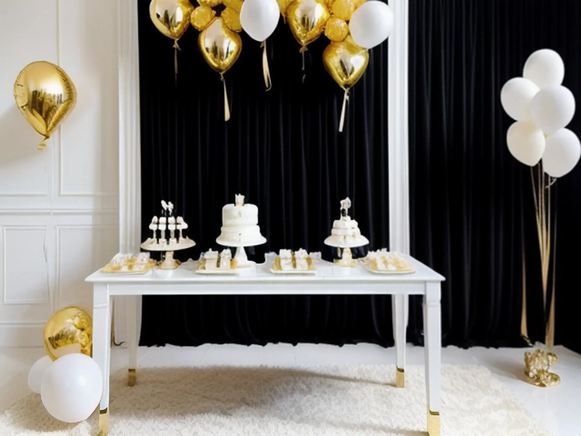 Luxe dessertbuffet met gouden ballonnen voor stijlvolle feestdecoratie