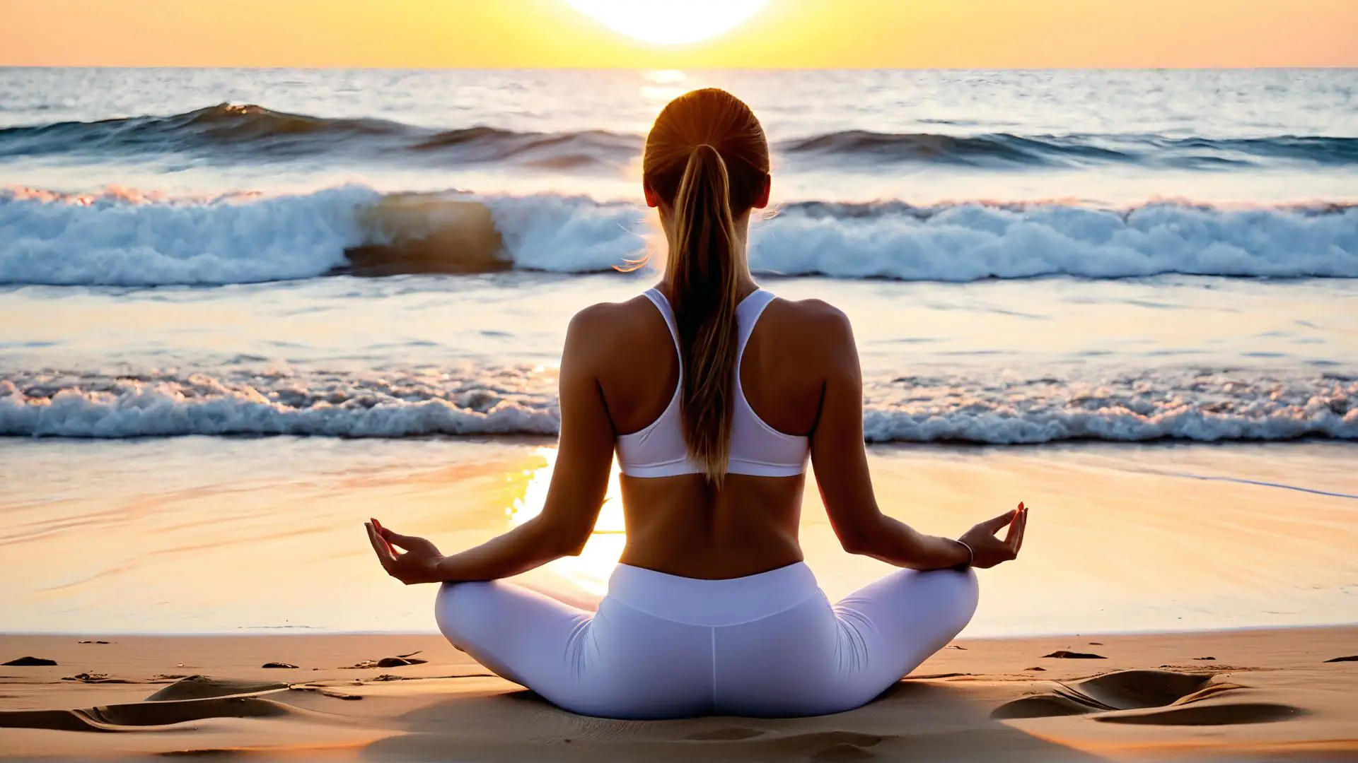 Rustgevende yoga meditatie op strand tijdens zonsondergang aan zee