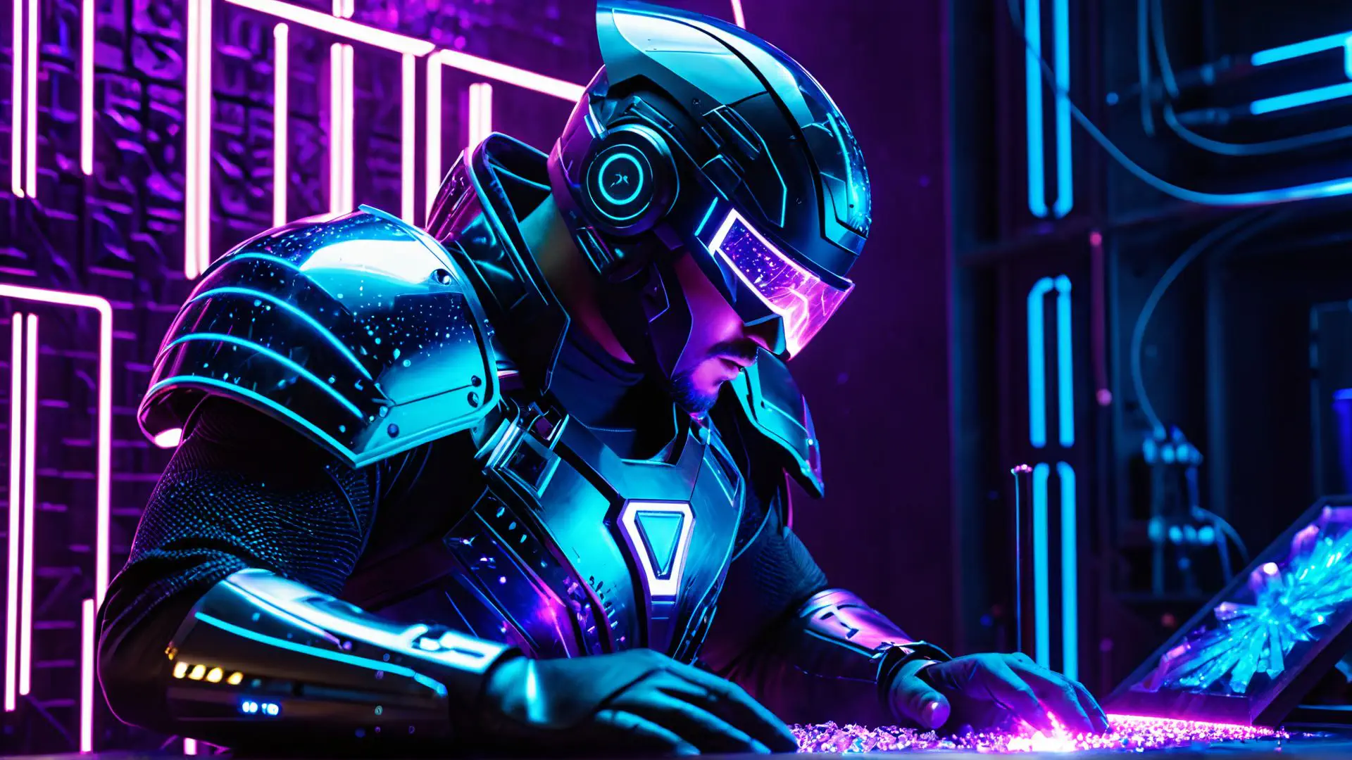 Futuristisch cyberpunk pantser in neon paars en blauw verlichte