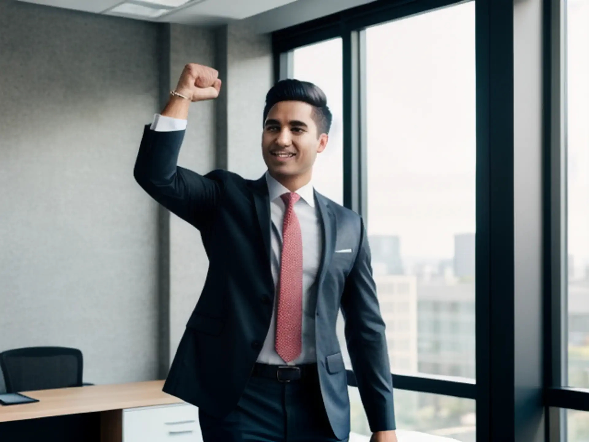 Succesvolle zakenprof viert overwinning in modern kantoor met uitzicht