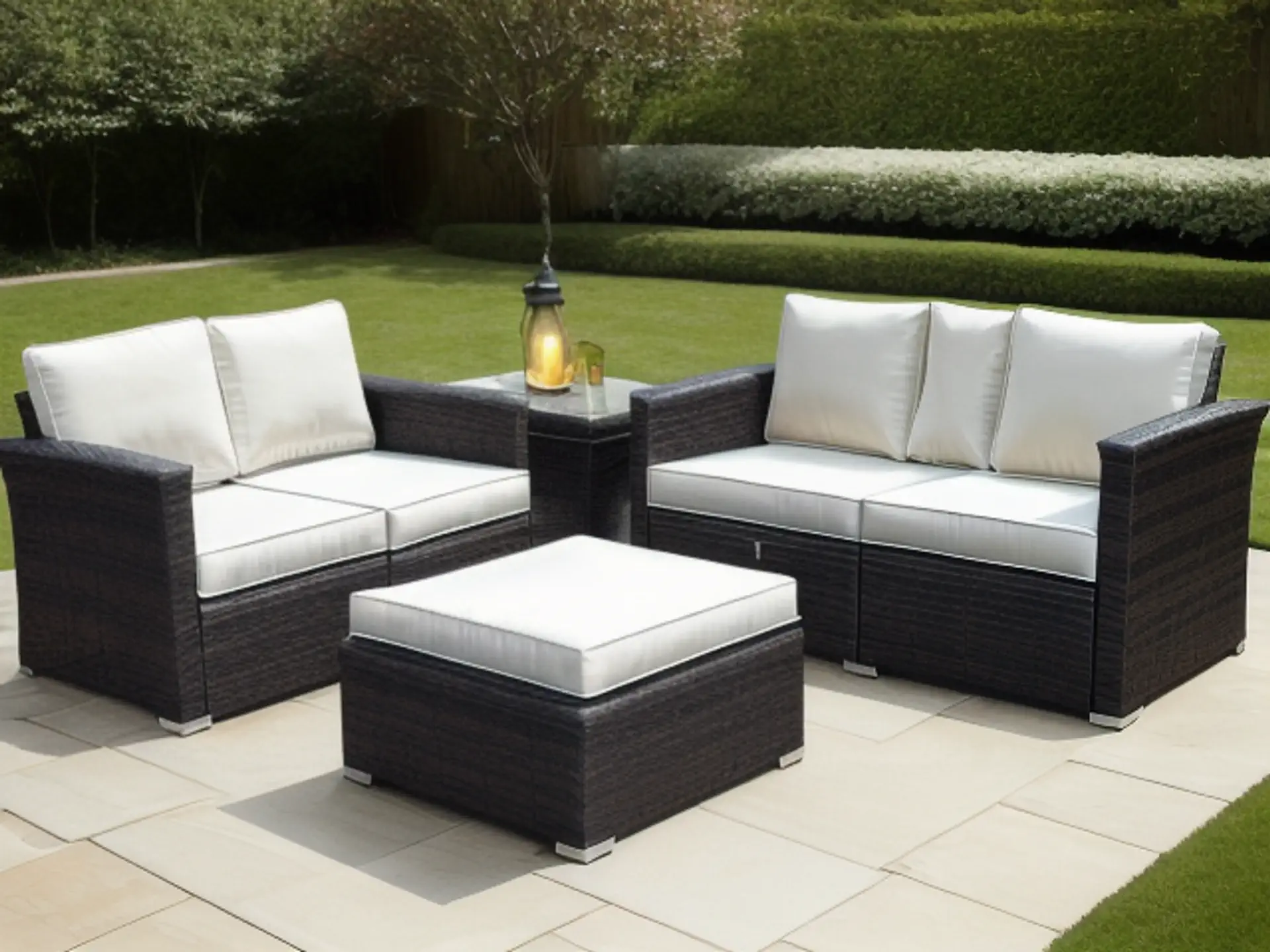 Luxe loungeset wicker antraciet met witte kussens voor moderne tuin