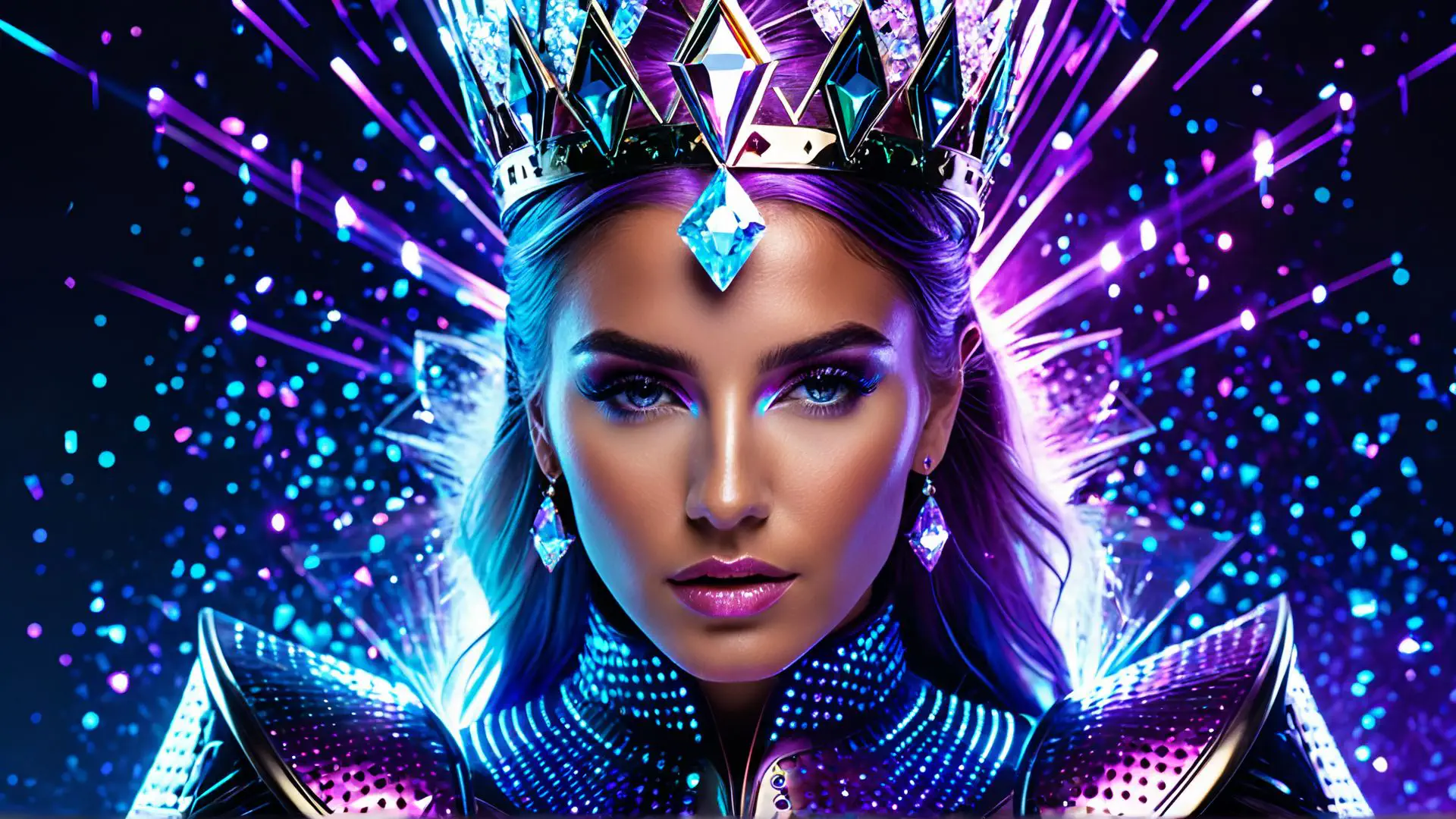 Futuristische fantasy portretfoto met neon kroon en kristallen