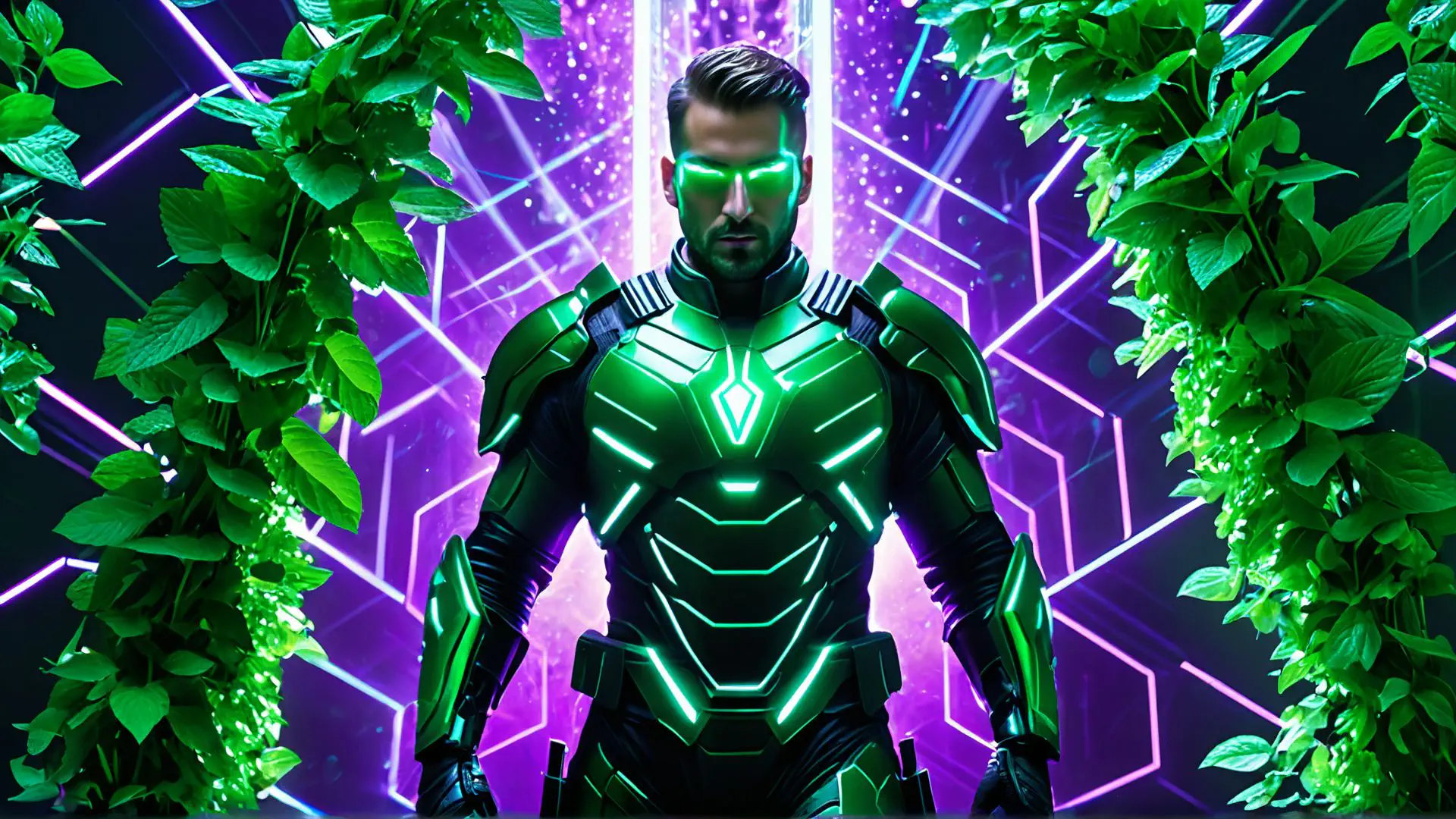 Futuristisch cyberpunk kostuum met neon verlichting in paars en groen