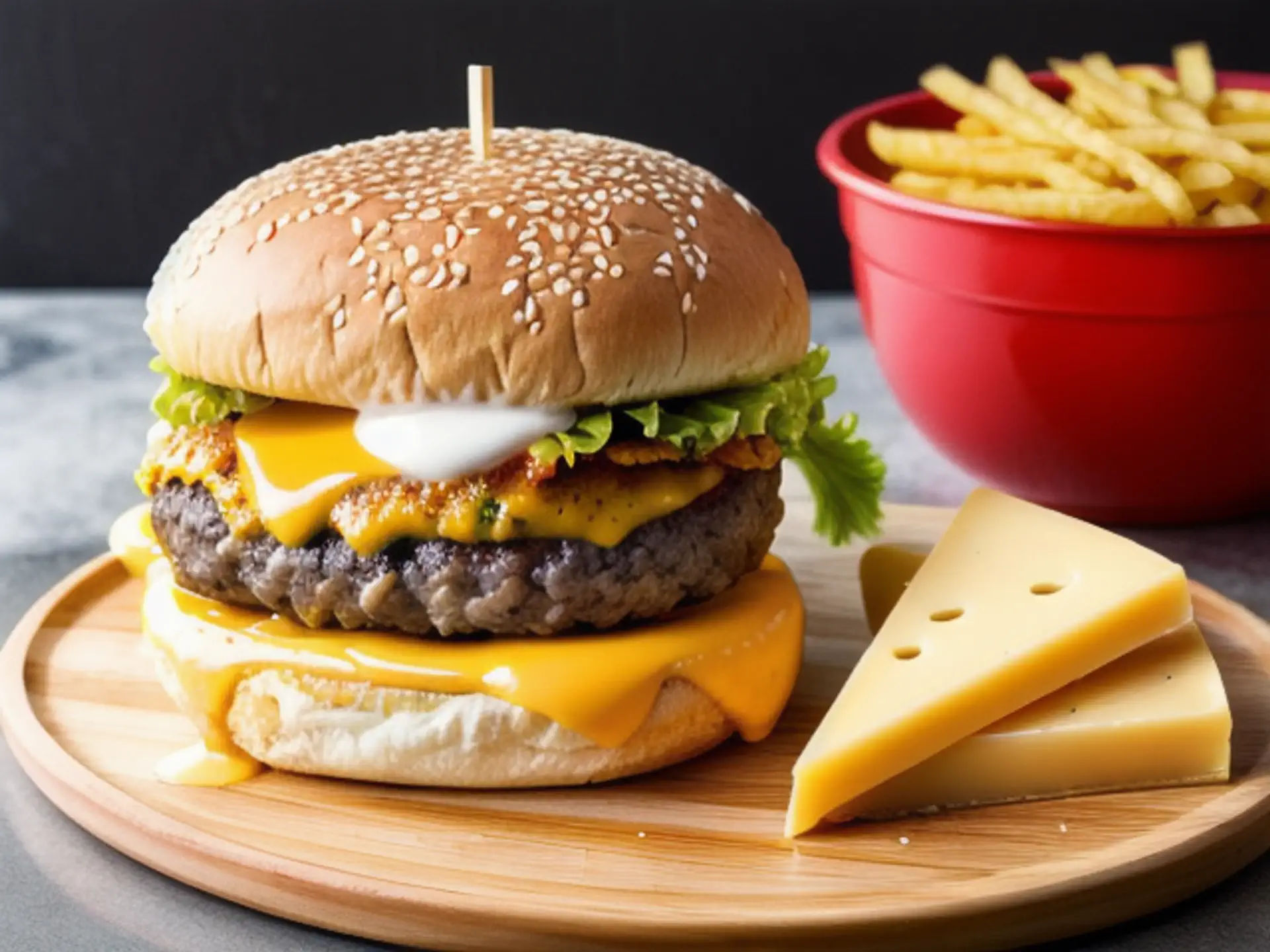 Sappige cheeseburger met friet op houten plank - fastfood fotografie