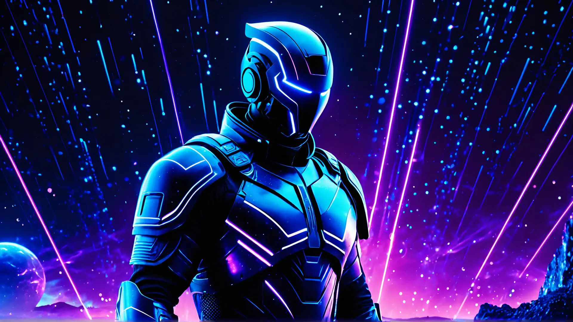 Futuristische robot in neon universum met paarse sterrenregen