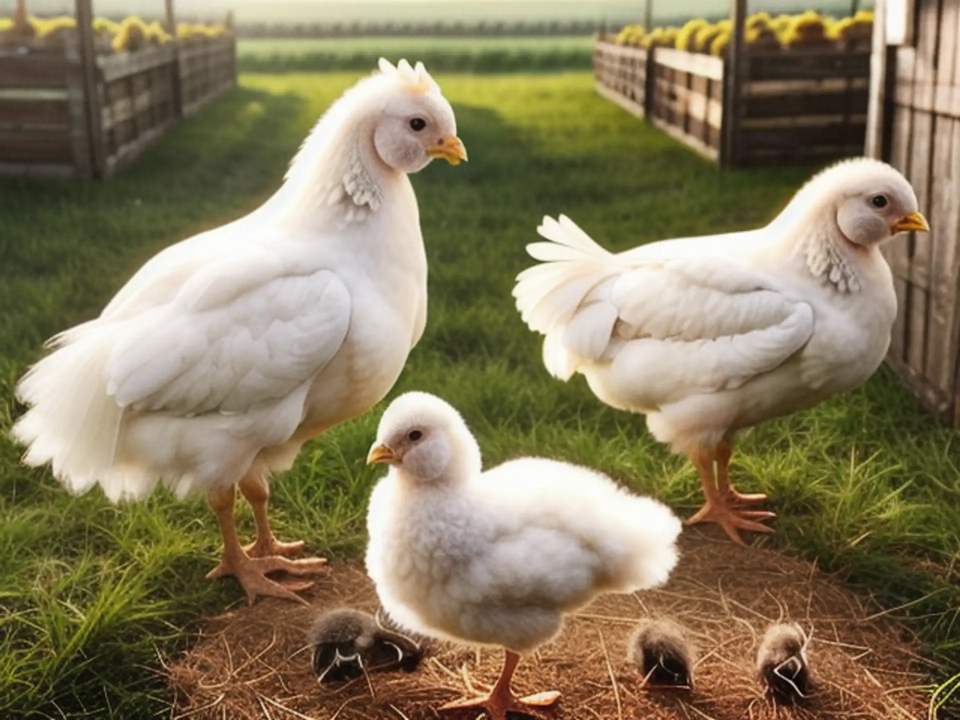 Biologische witte vleeskuikens op duurzame boerderij bij zonsondergang
