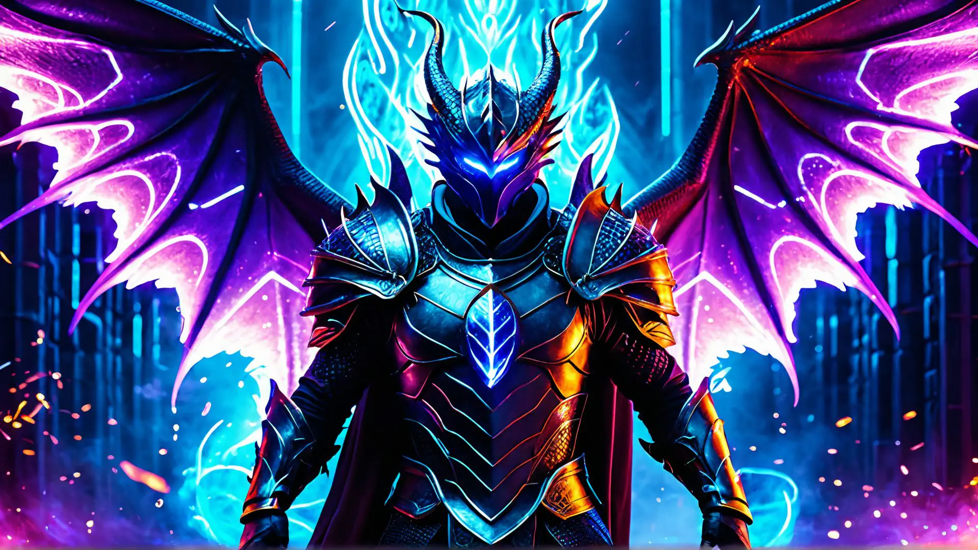 Epische drakenridder artwork met magische neon effecten en vleugels