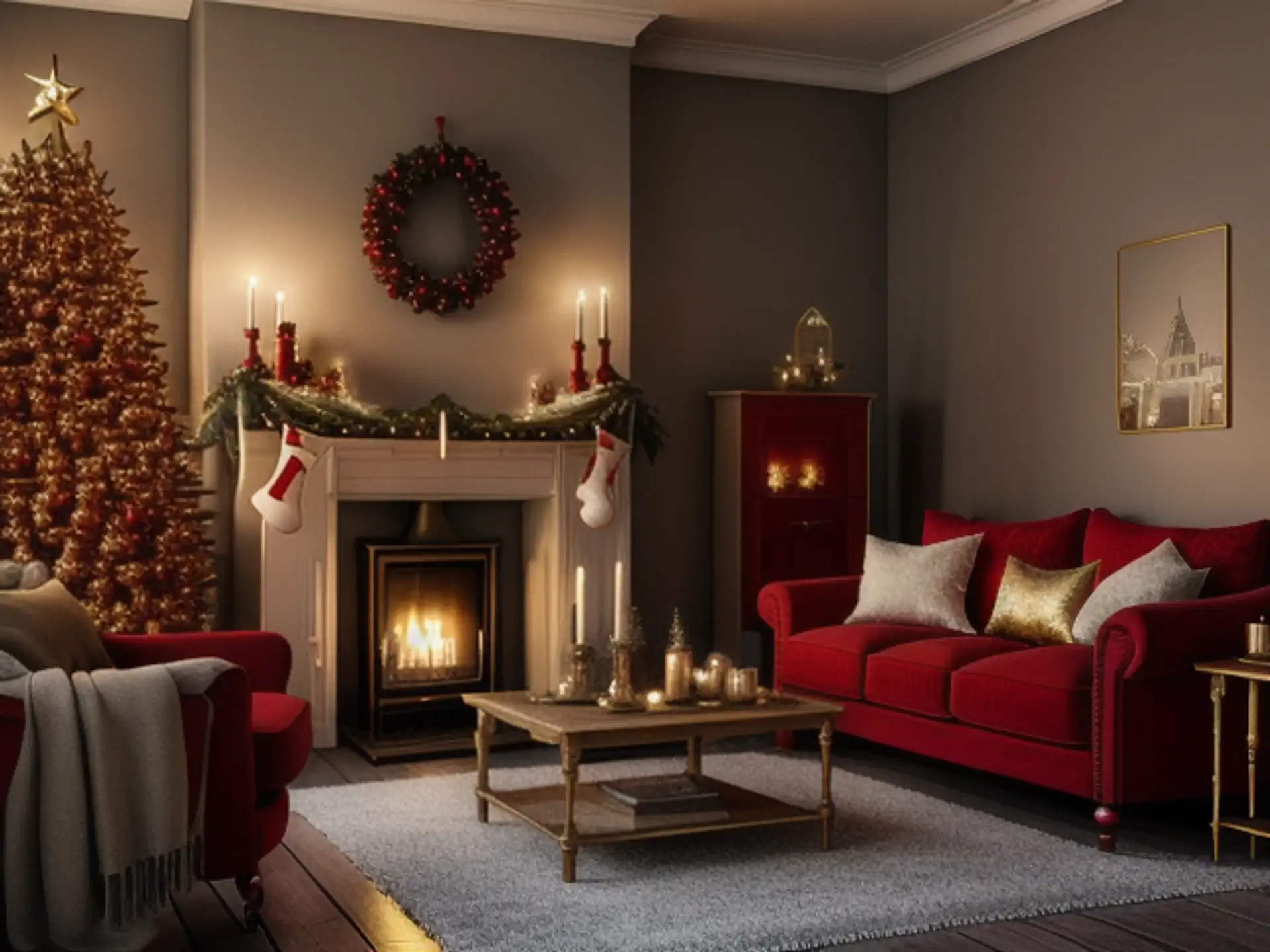 Sfeervolle kerstdecoratie in warme woonkamer met open haard en rode