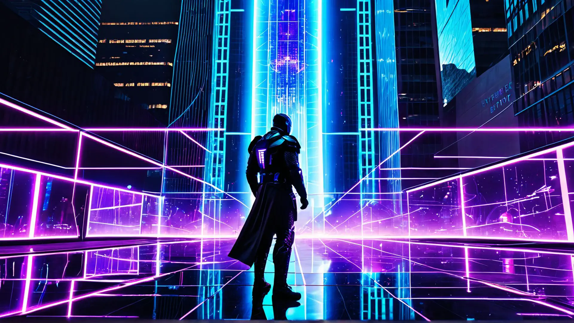 Futuristische cyberpunk stad met neonverlichting en silhouet figuur