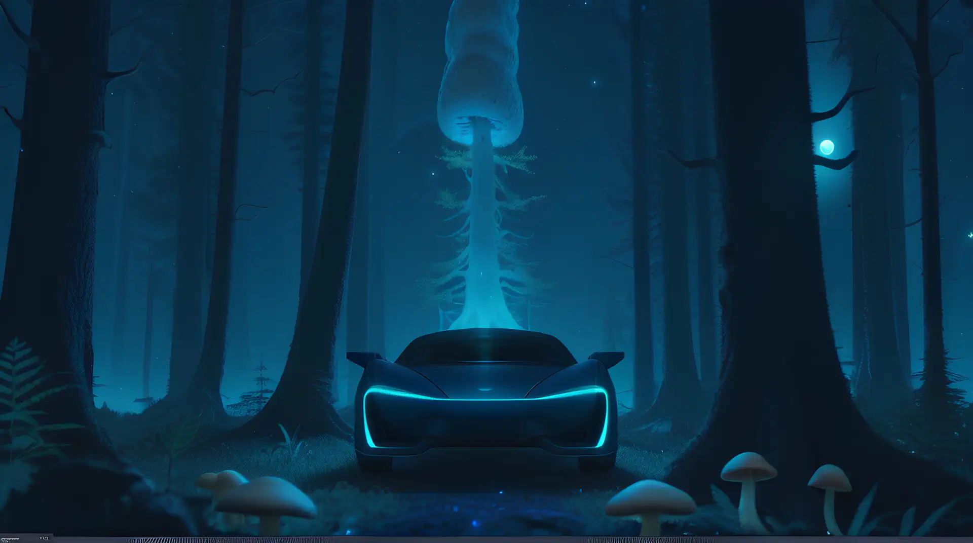 Zwarte Hypercar in Mystiek Bioluminescent Woud 4K Wallpaper