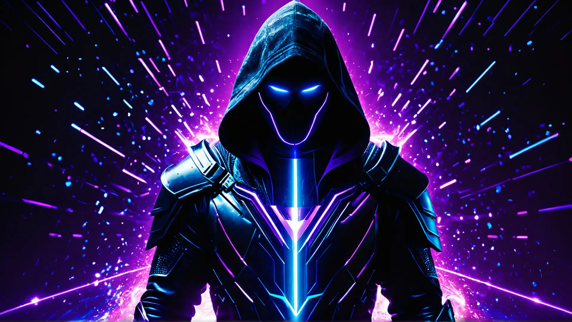 Futuristische cyberpunk krijger met neon effecten in paars en blauw