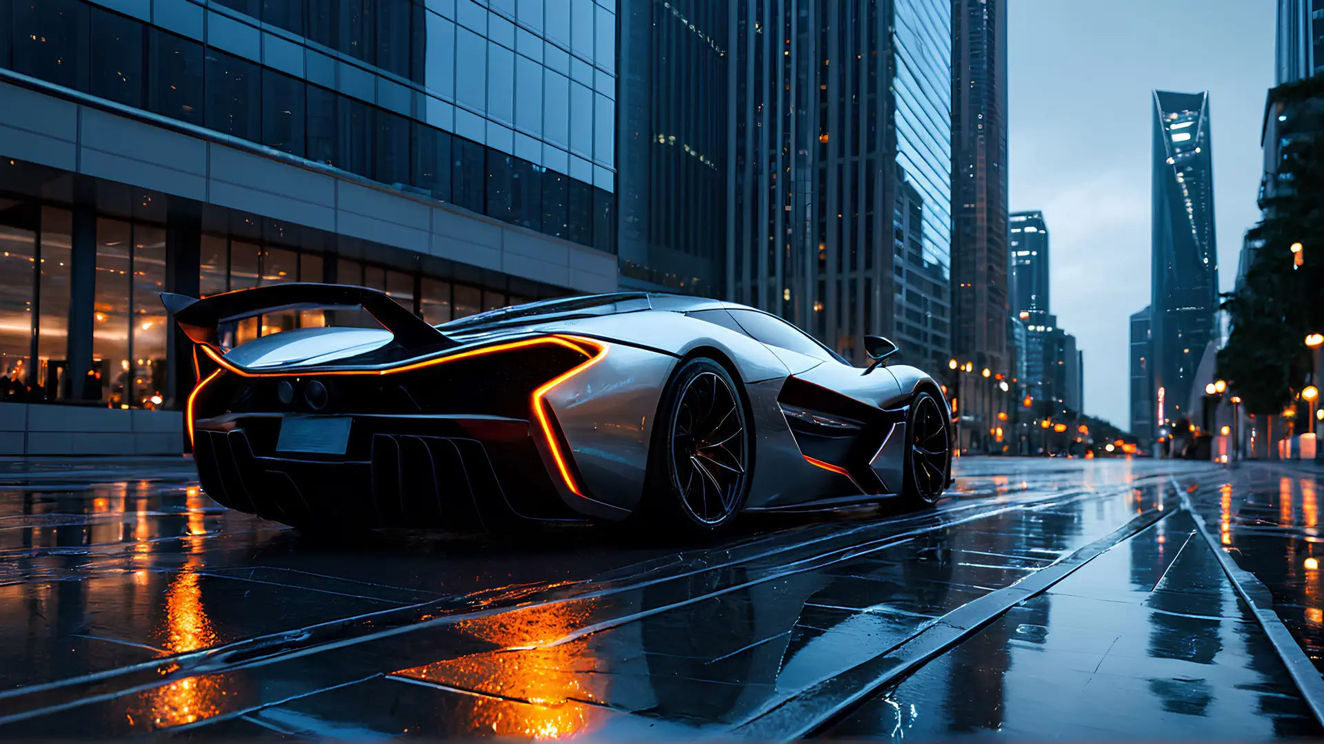 Futuristische Supercar in Regenachtige Nachtstad Wallpaper 4K