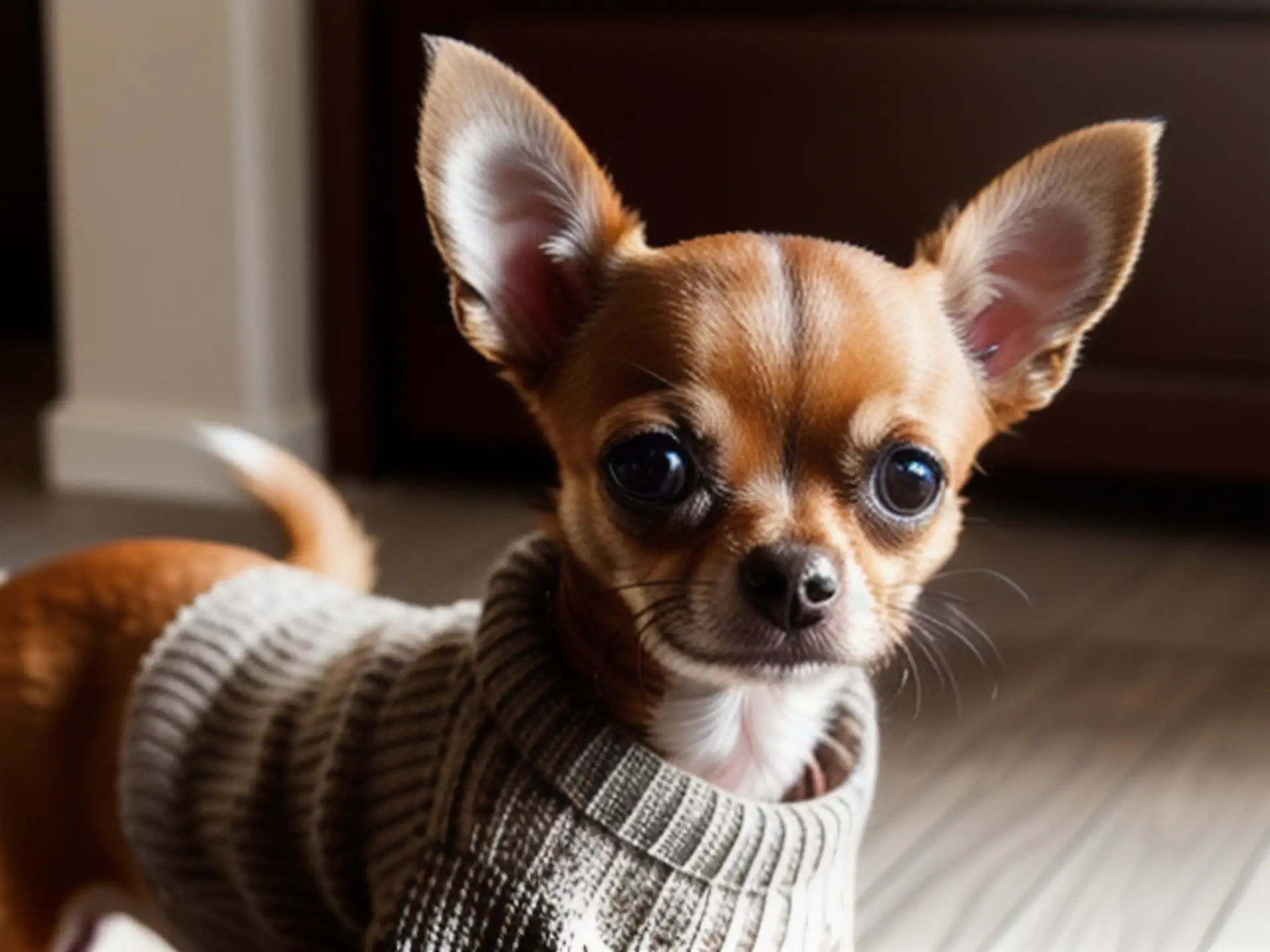 Schattige Chihuahua in gebreide trui poseert voor huiselijke fotoshoot