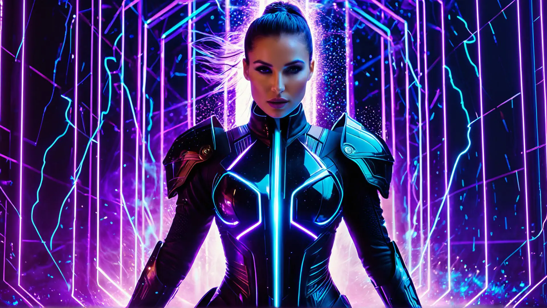 Futuristische cyberpunk krijger in neon verlicht sci-fi landschap