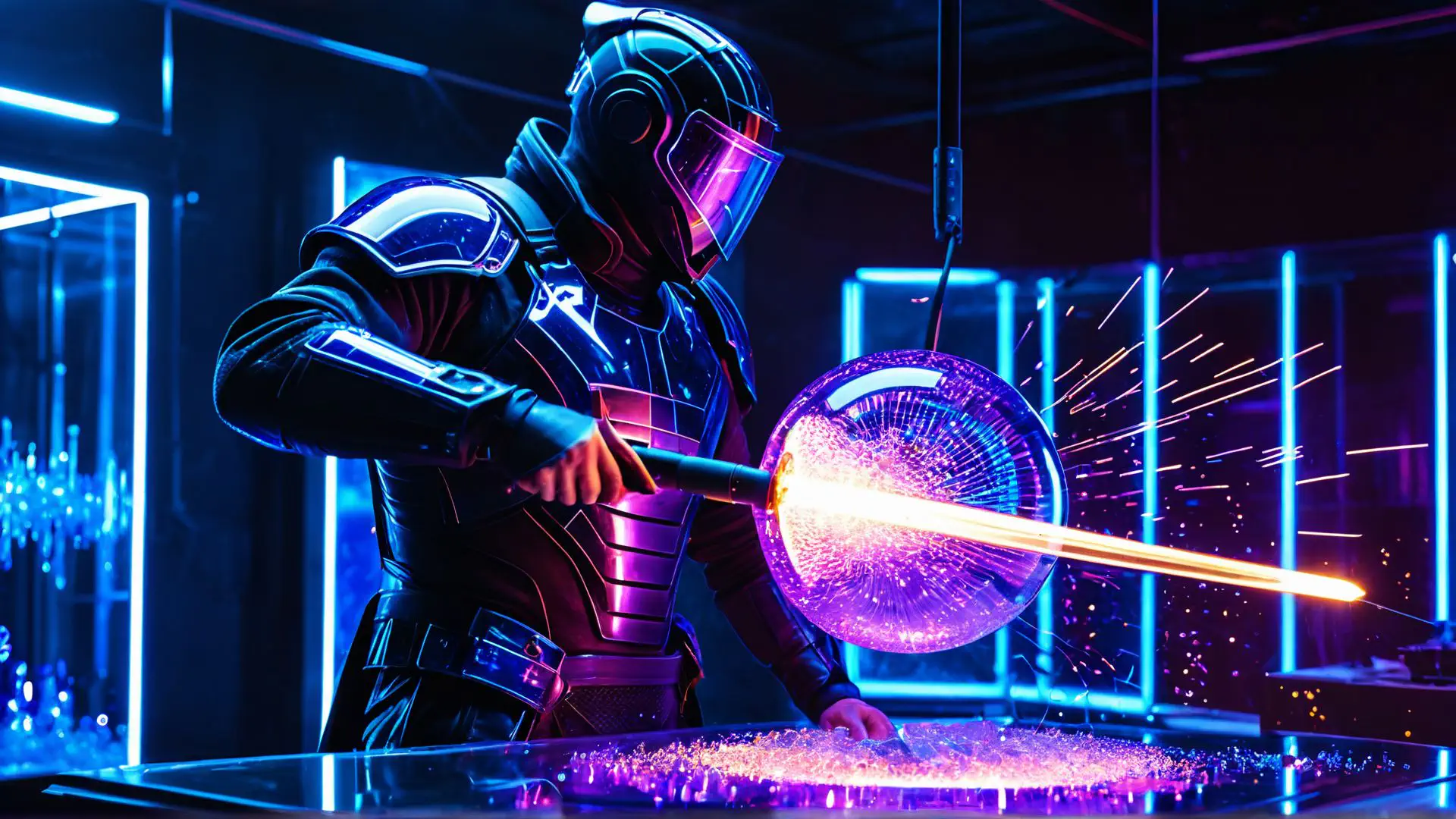 Futuristisch gevecht met neonlichten en energiewapen in cyberpunk