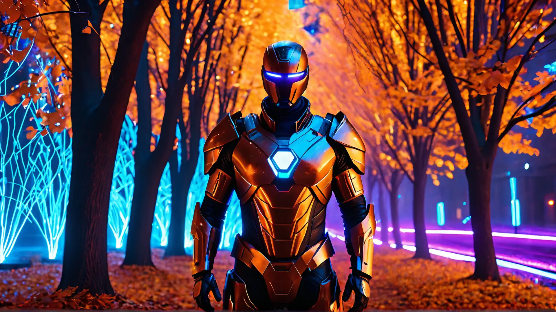 Futuristisch robotpak in neonverlicht herfstbos met oranje bladeren