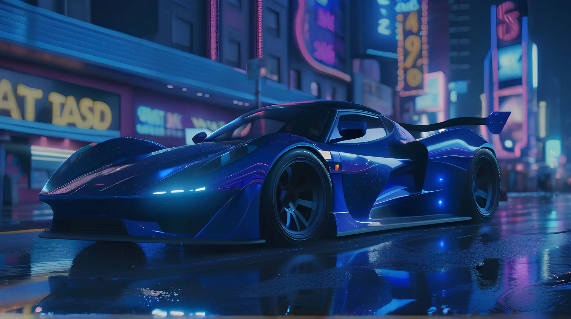 Donkerblauwe Supercar in Neon Cyberpunk Nachtstad 4K Wallpaper