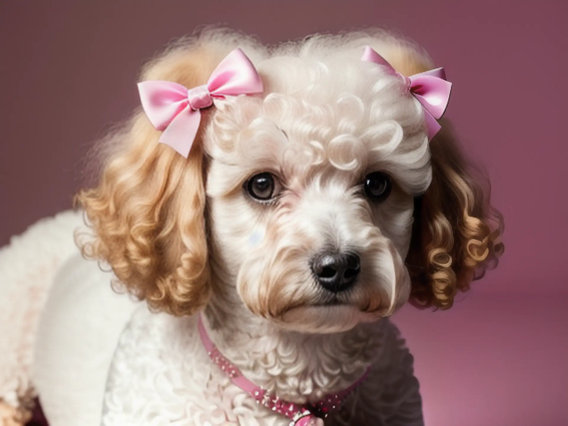 Schattige poedel met roze strikjes en glanzende halsband